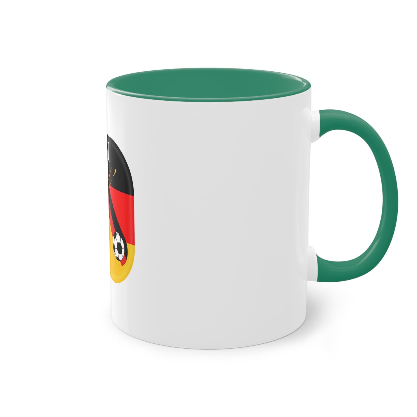 EURO 2024 in Germany, Deutschland EM-Souvenir auf Kaffeetassen, Teetassen bedruckt; weißer Außenbereich mit mehrfarbigem Innenbereich und Henkel, große; 11 Unzen