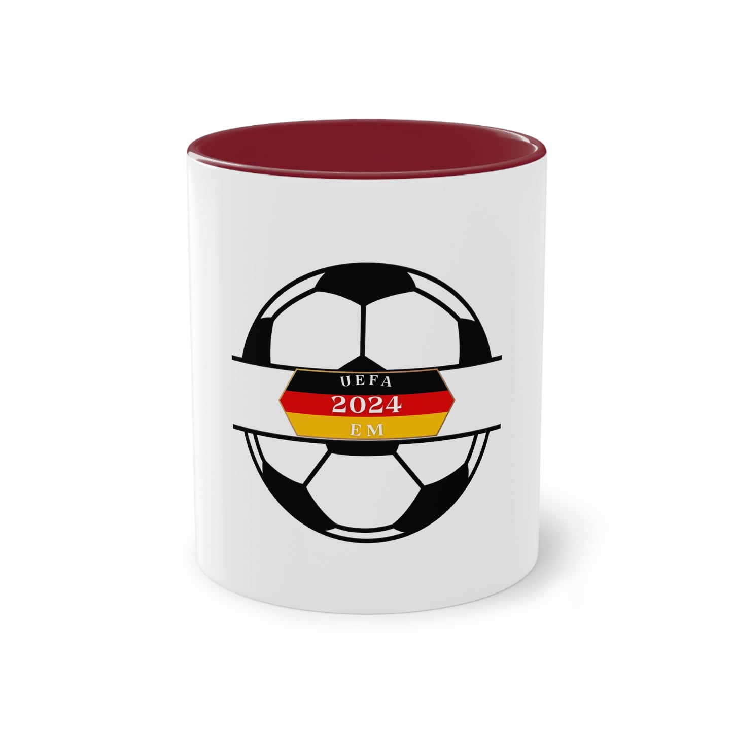 EURO Soccer 2024 in Germany, Deutschland EM-Souvenir auf Kaffeetassen, Teetassen bedruckt; weißer Außenbereich mit mehrfarbigem Innenbereich und Henkel, große; 11 Unzen