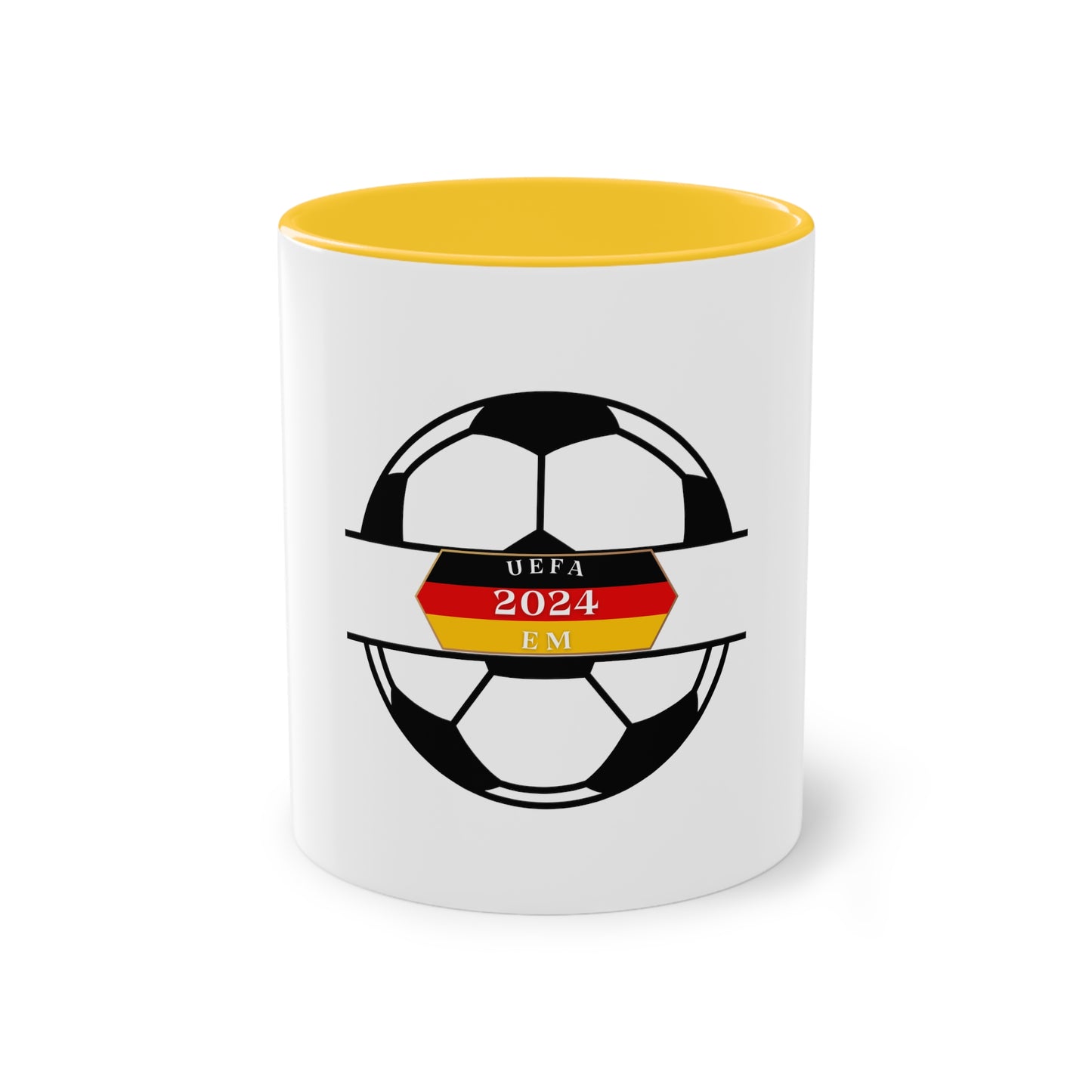 EURO Soccer 2024 in Germany, Deutschland EM-Souvenir auf Kaffeetassen, Teetassen bedruckt; weißer Außenbereich mit mehrfarbigem Innenbereich und Henkel, große; 11 Unzen