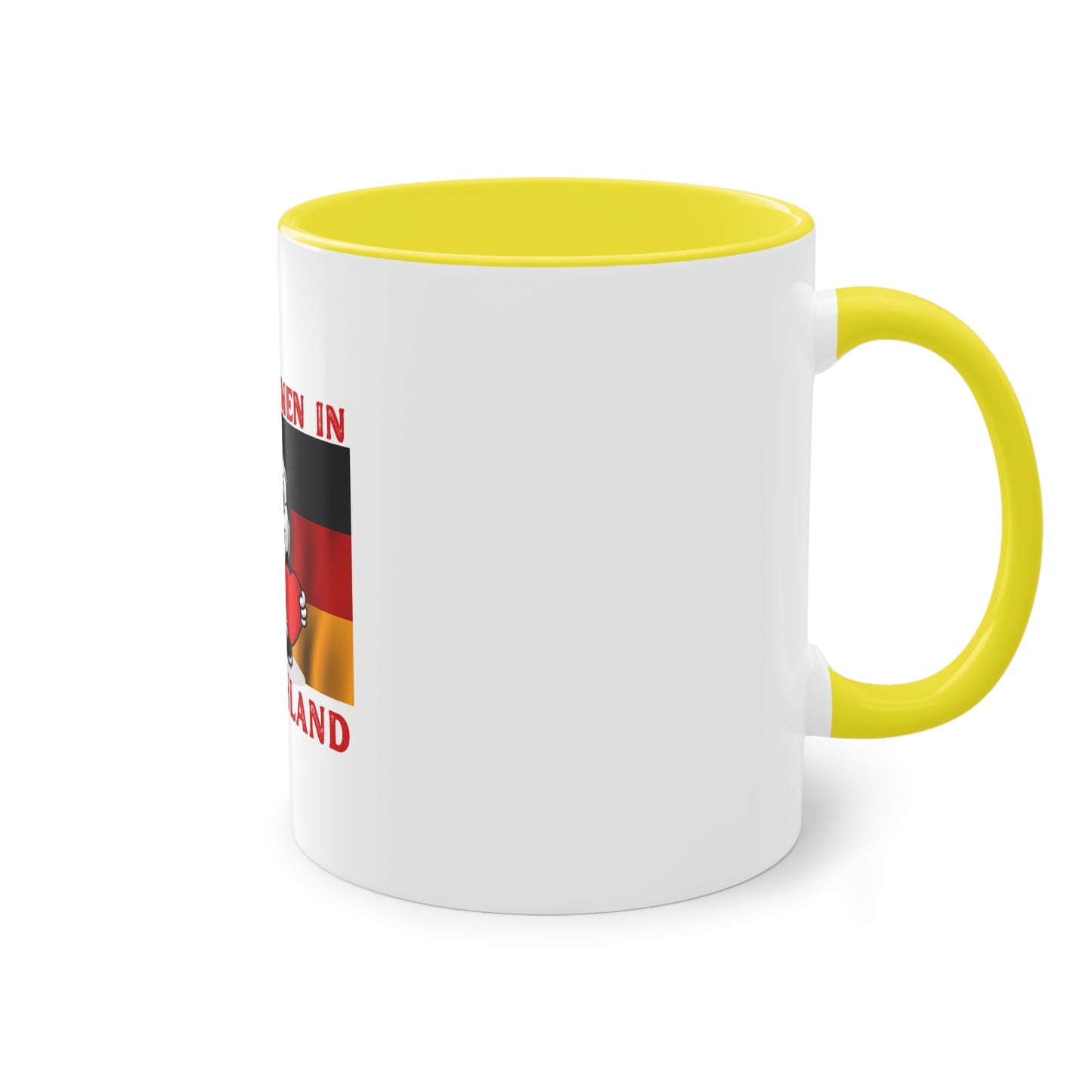 Willkommen in Deutschland - Stolz auf Deutschland - auf Kaffeetassen, Teetassen bedruckt; weißer Außenbereich mit mehrfarbigem Innenbereich und Henkel, große; 11 Unzen