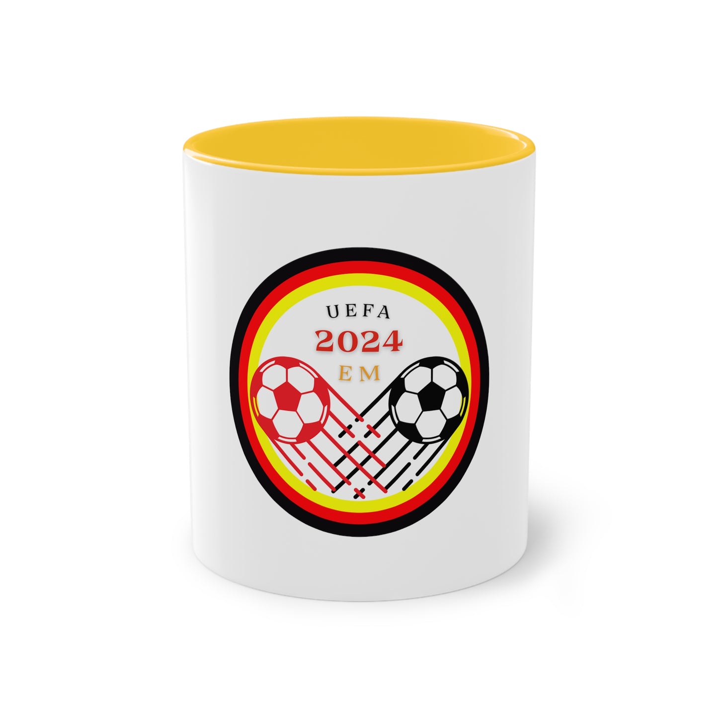 Fußball, EURO 2024 in Germany, Deutschland EM-Souvenir auf Kaffeetassen, Teetassen bedruckt; weißer Außenbereich mit mehrfarbigem Innenbereich und Henkel, große; 11 Unzen