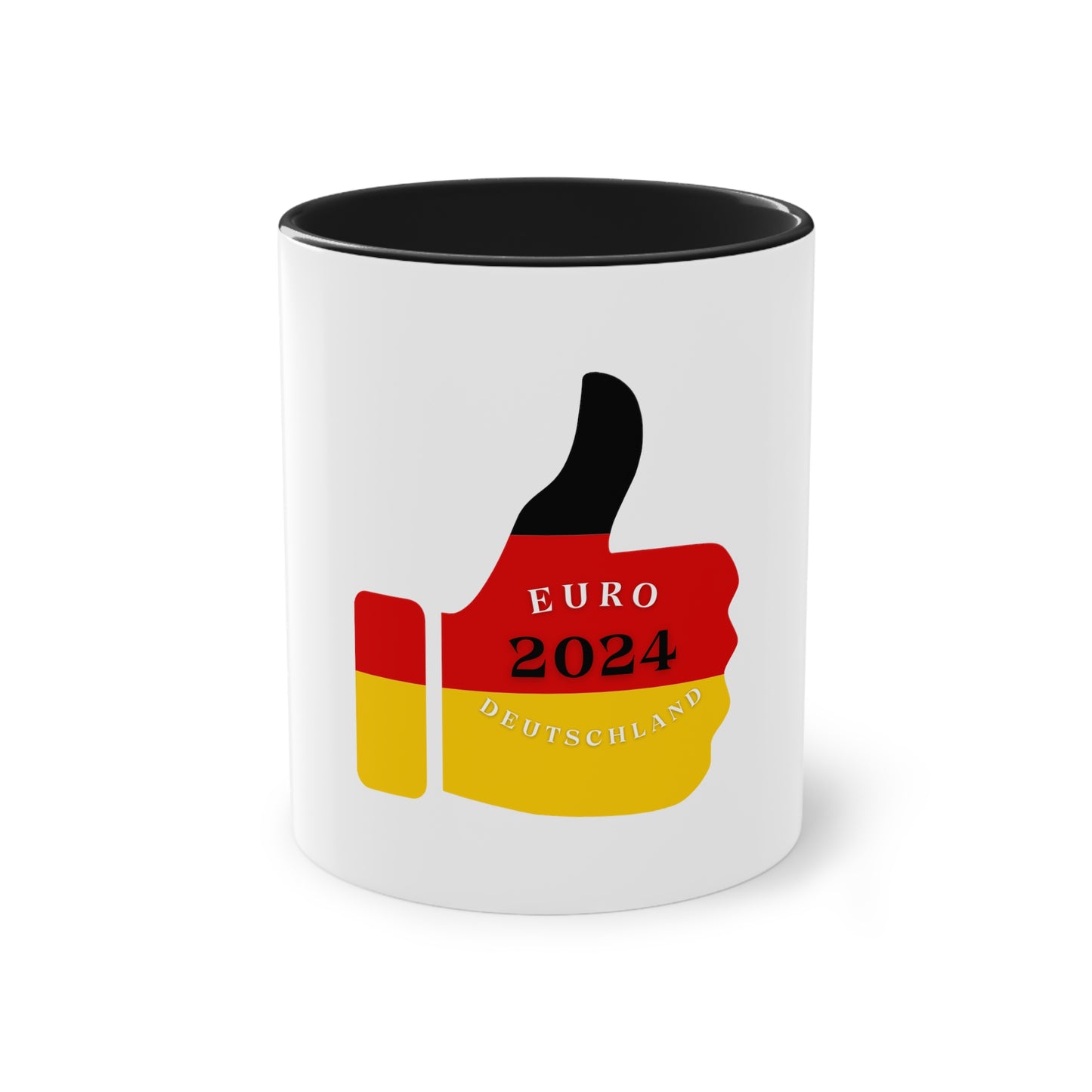 Sehr gut für EURO 2024 in Germany, Deutschland EM-Souvenir auf Kaffeetassen, Teetassen bedruckt; weißer Außenbereich mit mehrfarbigem Innenbereich und Henkel, große; 11 Unzen