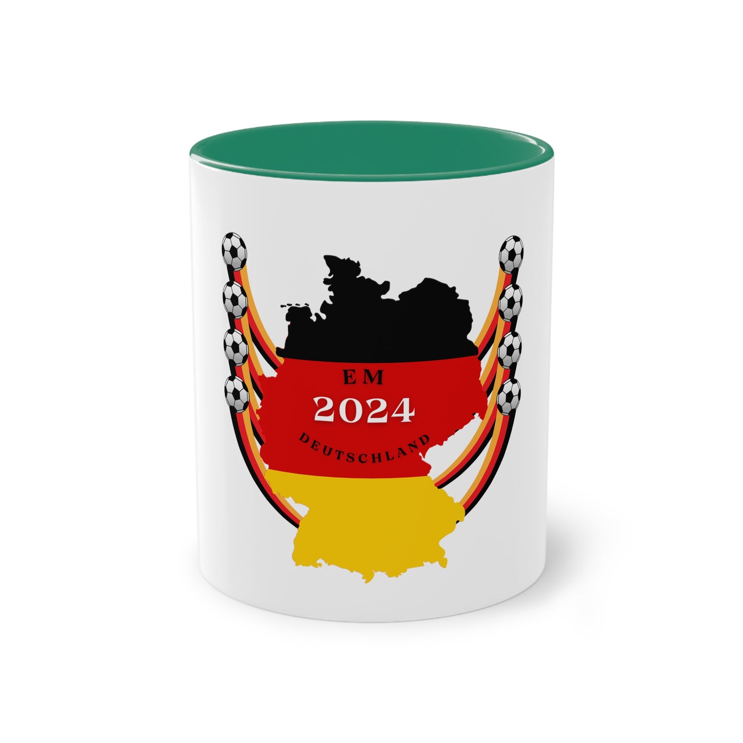 EURO 2024 in Germany, Deutschlandkarte EM-Souvenir auf Kaffeetassen, Teetassen bedruckt; weißer Außenbereich mit mehrfarbigem Innenbereich und Henkel, große; 11 Unzen