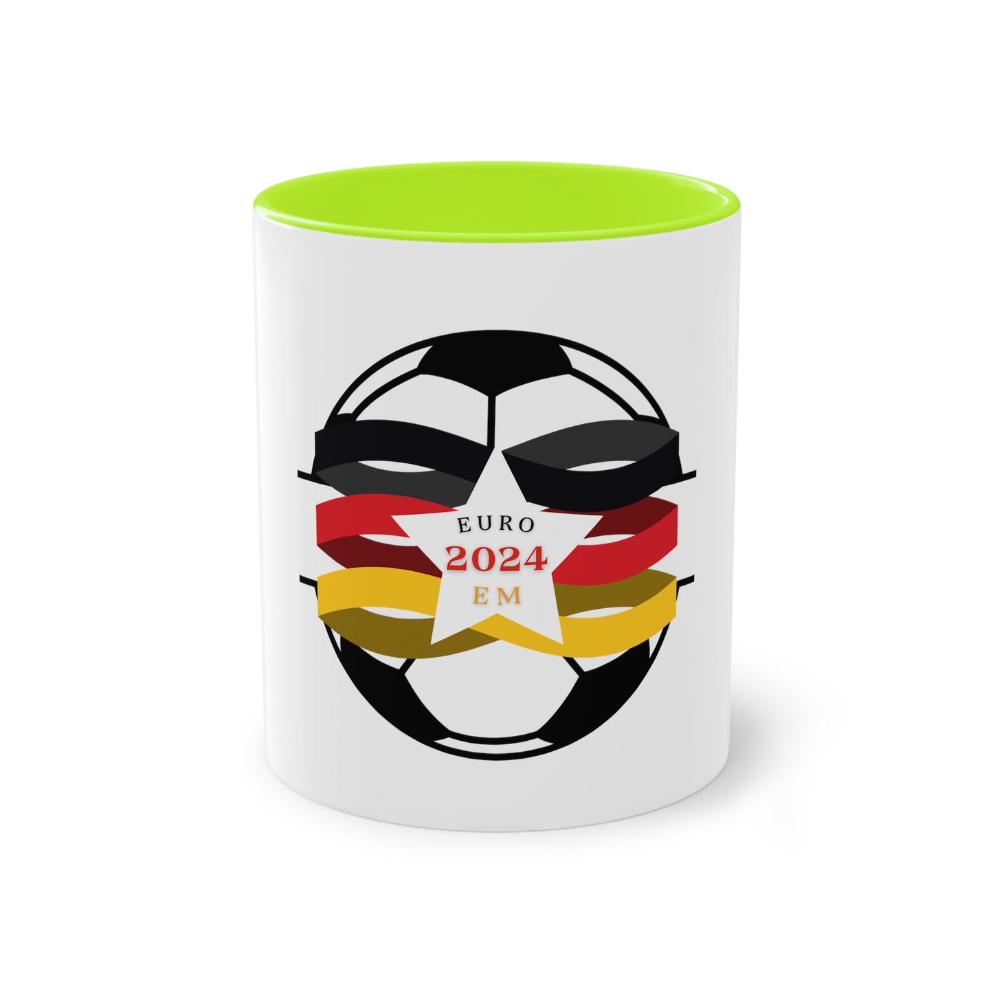 EURO 2024 in Germany, Deutschland EM-Souvenir auf Kaffeetassen, Teetassen bedruckt; weißer Außenbereich mit mehrfarbigem Innenbereich und Henkel, große; 11 Unzen