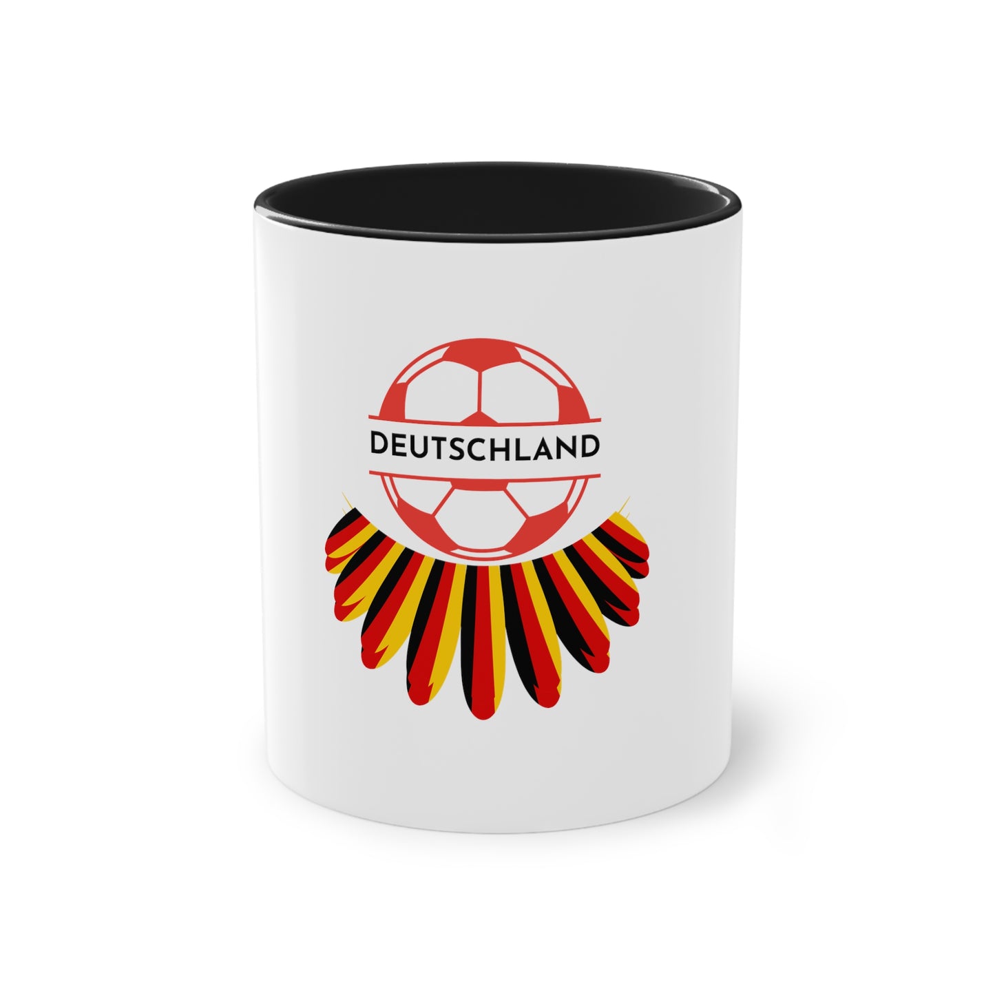 Deutschland Soccer auf Kaffeetassen, Teetassen bedruckt; weißer Außenbereich mit mehrfarbigem Innenbereich und Henkel, große; 11 Unzen