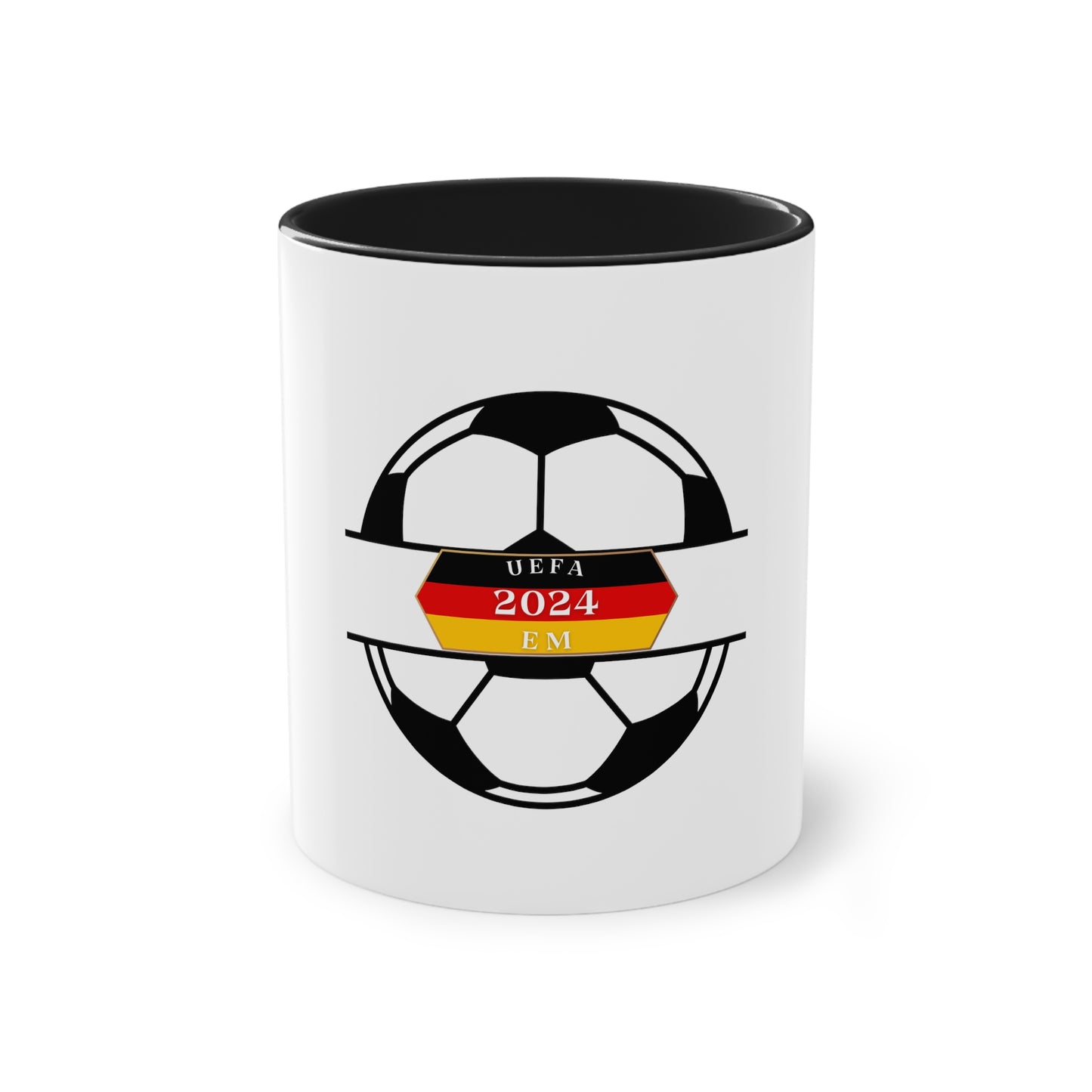 EURO Soccer 2024 in Germany, Deutschland EM-Souvenir auf Kaffeetassen, Teetassen bedruckt; weißer Außenbereich mit mehrfarbigem Innenbereich und Henkel, große; 11 Unzen