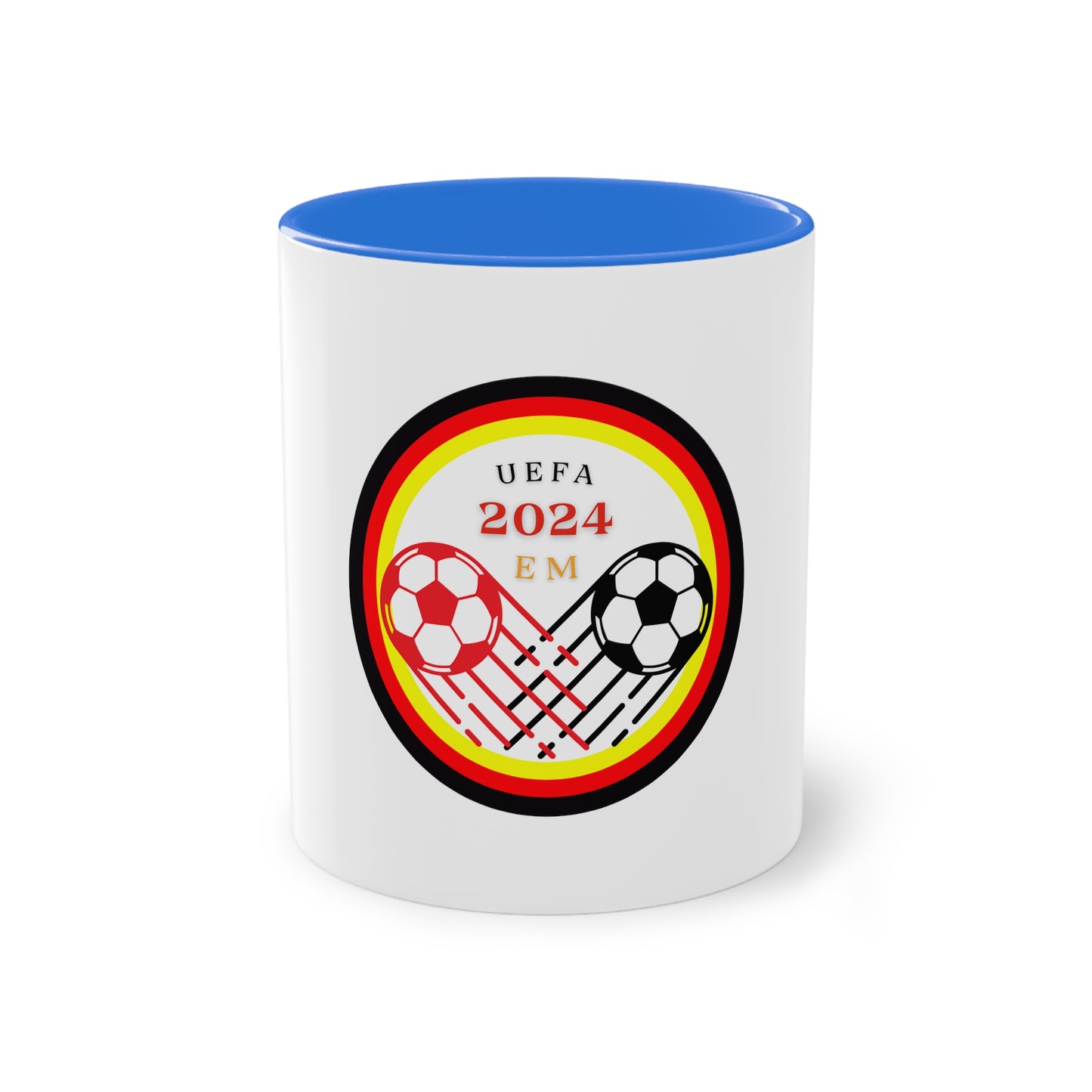 Fußball, EURO 2024 in Germany, Deutschland EM-Souvenir auf Kaffeetassen, Teetassen bedruckt; weißer Außenbereich mit mehrfarbigem Innenbereich und Henkel, große; 11 Unzen