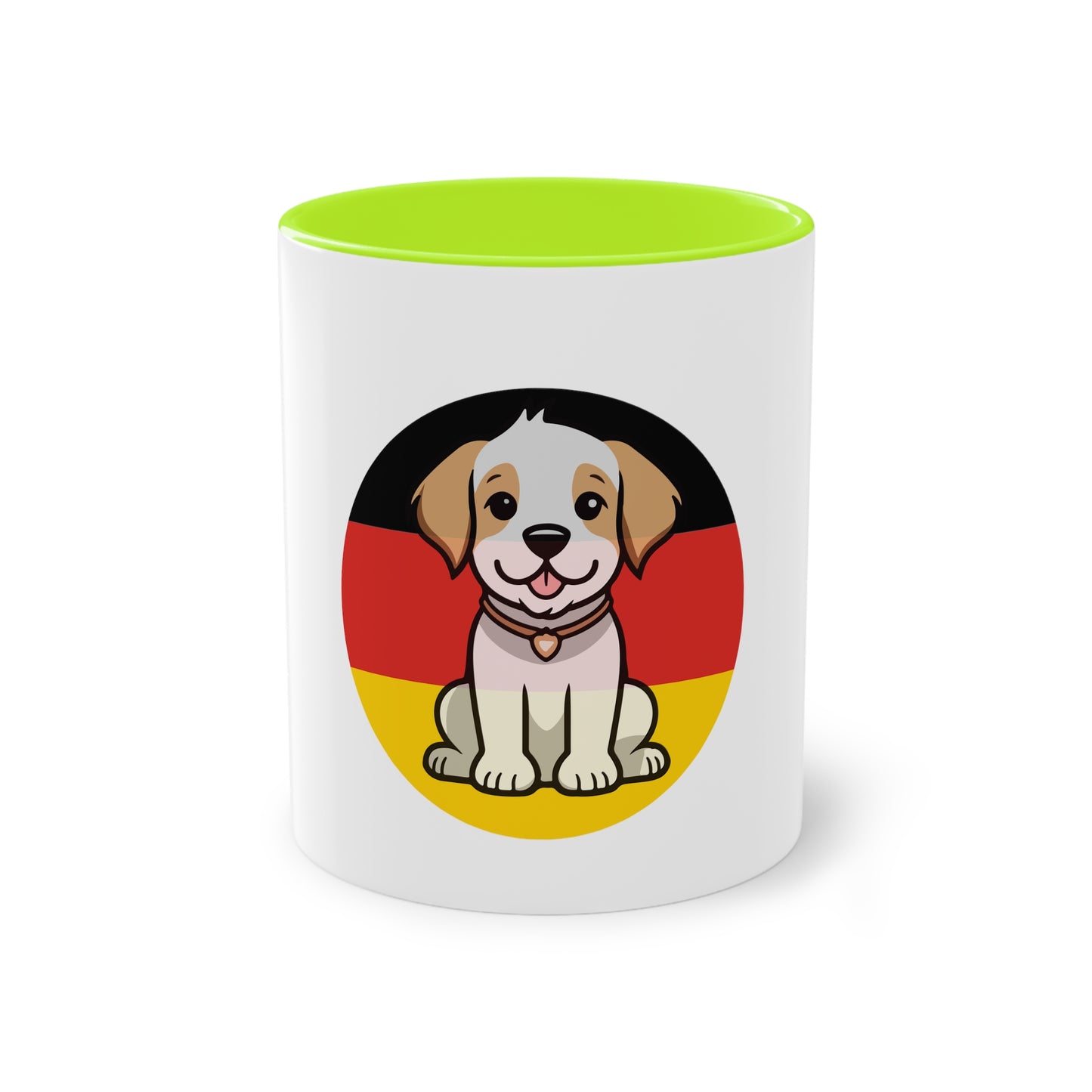Deutschlands Bell-Brigade Puppy auf Kaffeetassen, Teetassen bedruckt; weißer Außenbereich mit mehrfarbigem Innenbereich und Henkel, große; 11 Unzen