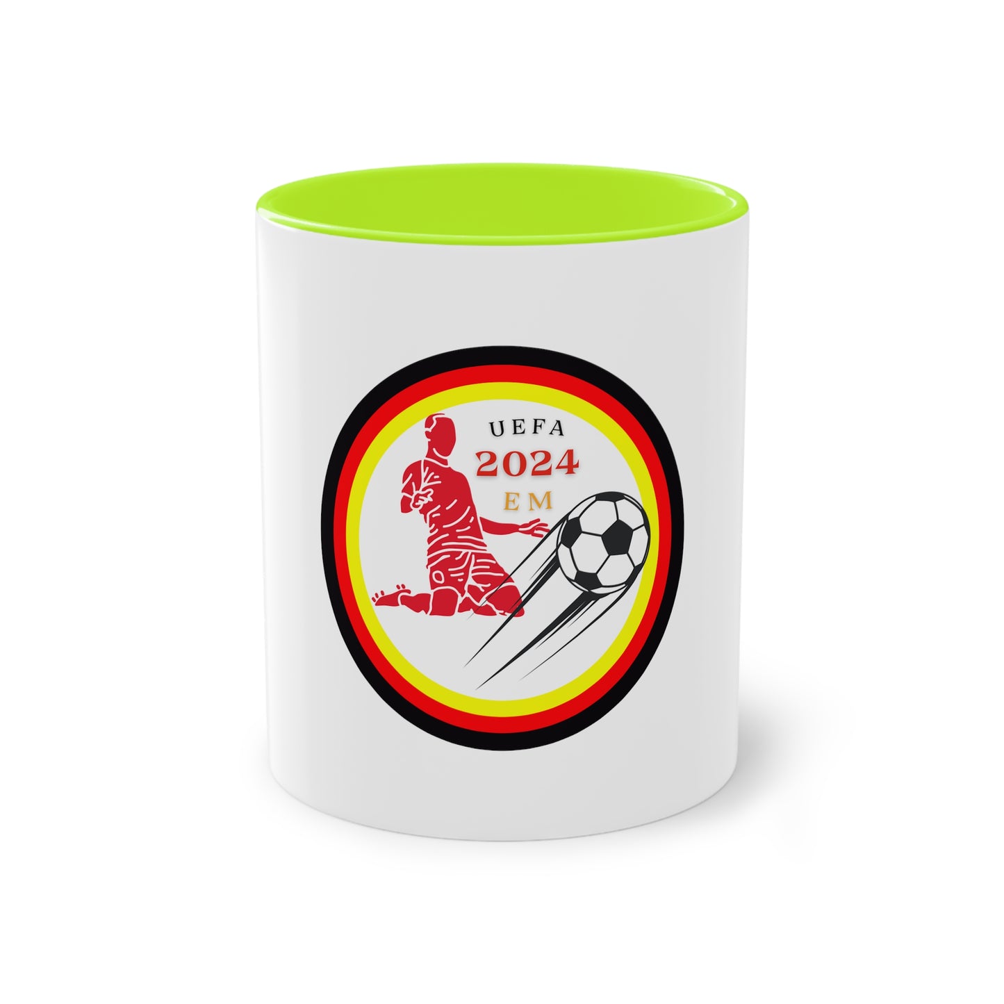 EURO Soccer 2024 in Germany, Deutschland EM-Souvenir auf Kaffeetassen, Teetassen bedruckt; weißer Außenbereich mit mehrfarbigem Innenbereich und Henkel, große; 11 Unzen