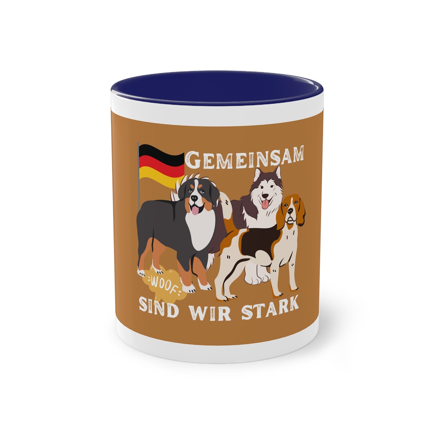 Hundemannschaft für Deutschland auf Kaffeetassen bedruckt; weißer Außenbereich mit mehrfarbigem Innenbereich und Henkel, große; 11 Unzen