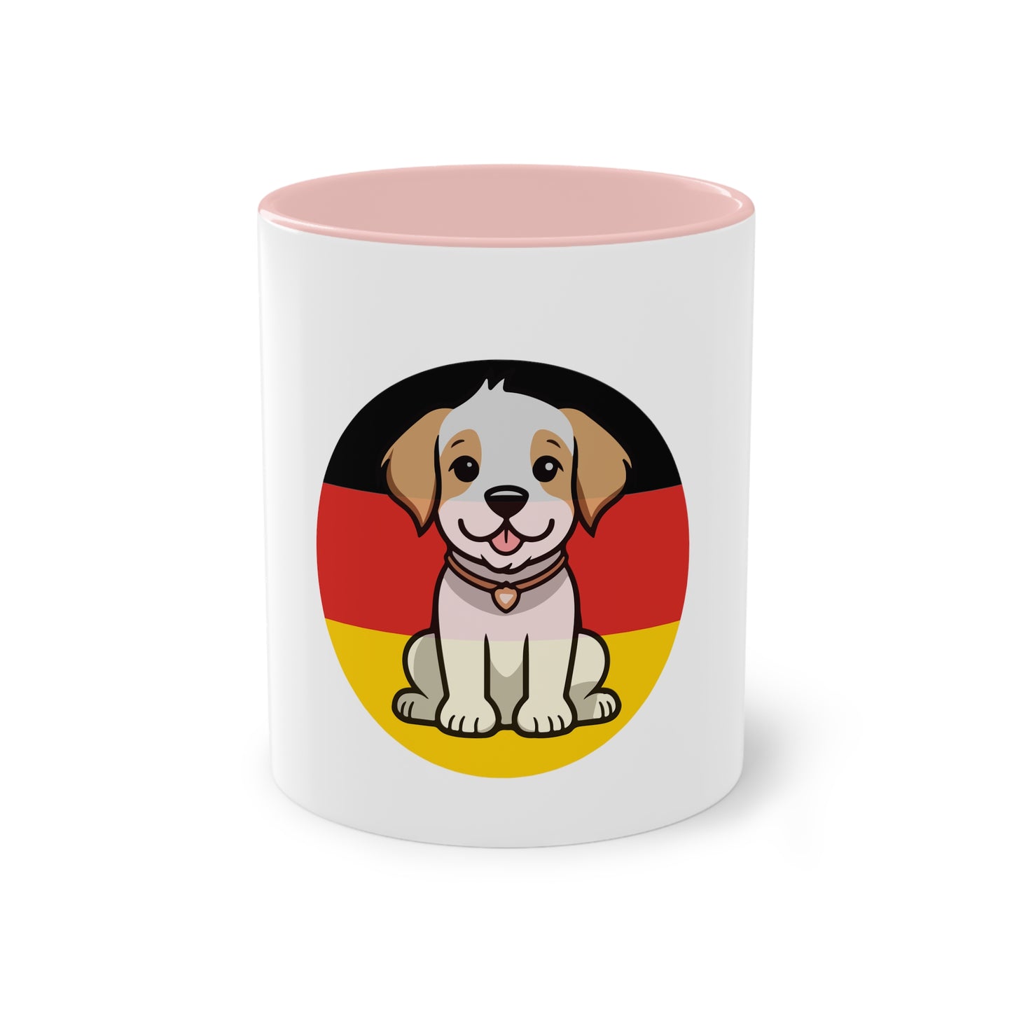 Deutschlands Bell-Brigade Puppy auf Kaffeetassen, Teetassen bedruckt; weißer Außenbereich mit mehrfarbigem Innenbereich und Henkel, große; 11 Unzen