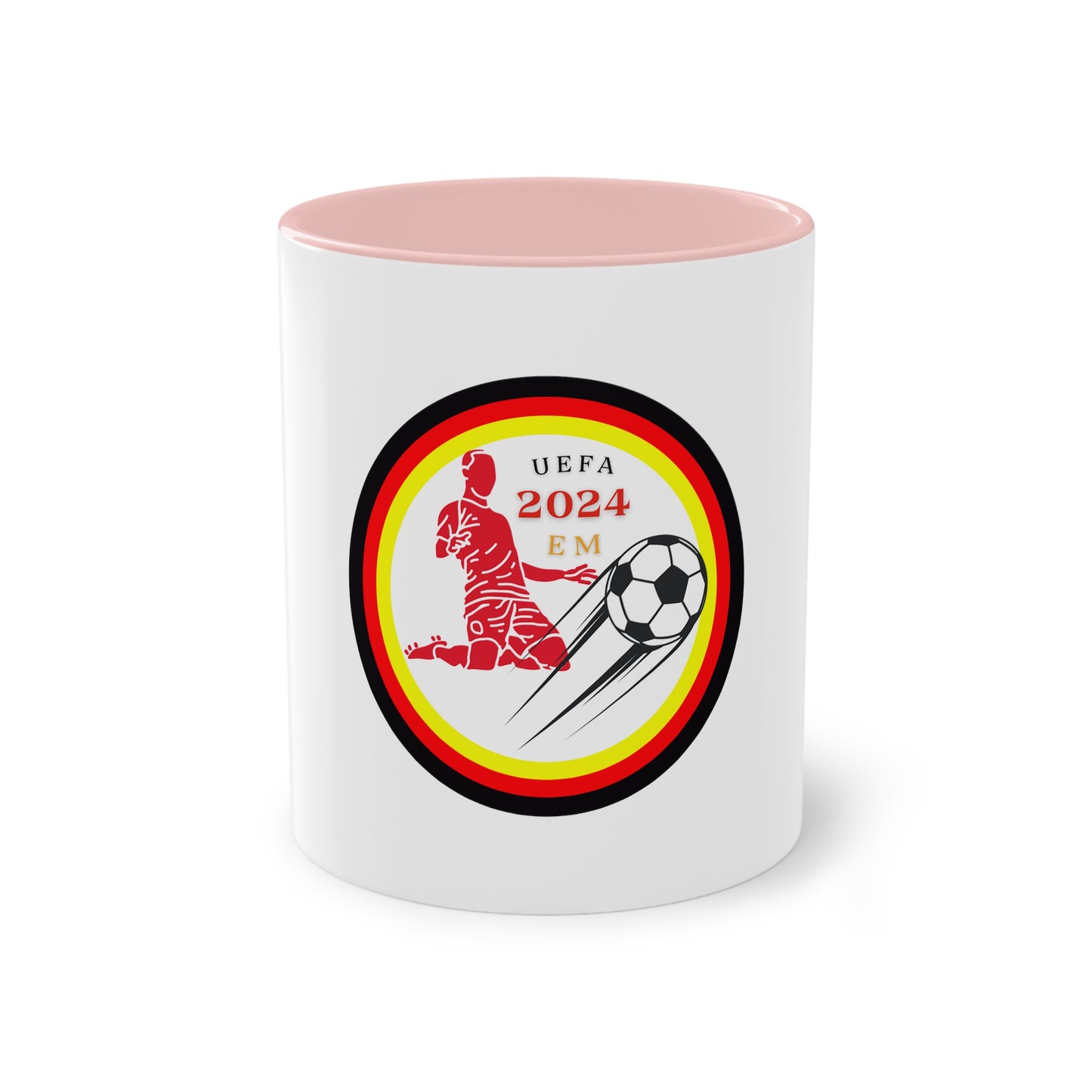 EURO Soccer 2024 in Germany, Deutschland EM-Souvenir auf Kaffeetassen, Teetassen bedruckt; weißer Außenbereich mit mehrfarbigem Innenbereich und Henkel, große; 11 Unzen