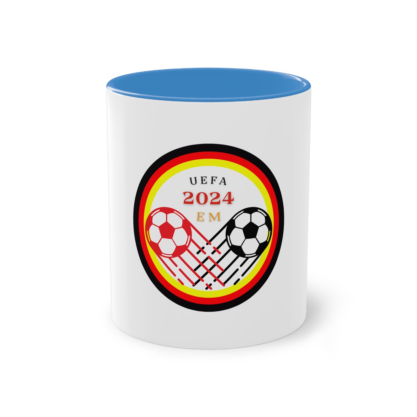 Fußball, EURO 2024 in Germany, Deutschland EM-Souvenir auf Kaffeetassen, Teetassen bedruckt; weißer Außenbereich mit mehrfarbigem Innenbereich und Henkel, große; 11 Unzen