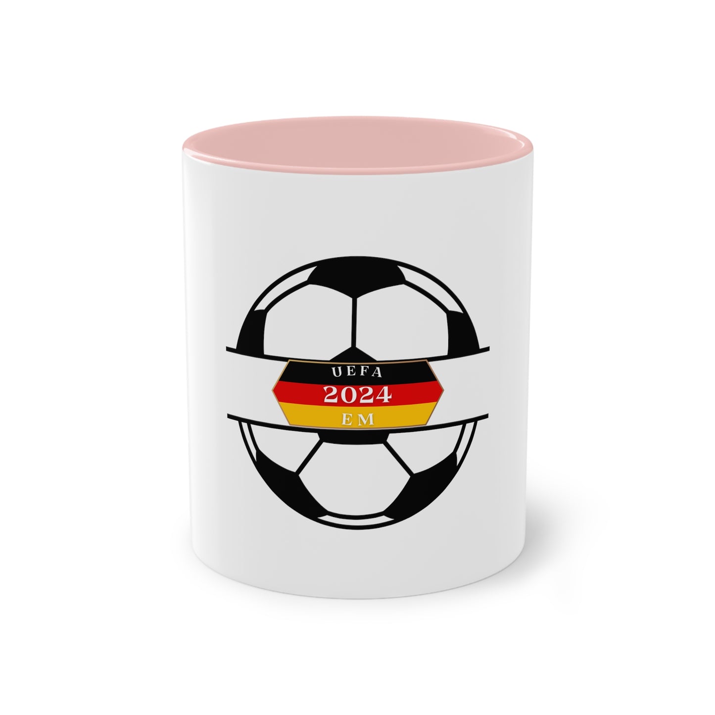 EURO Soccer 2024 in Germany, Deutschland EM-Souvenir auf Kaffeetassen, Teetassen bedruckt; weißer Außenbereich mit mehrfarbigem Innenbereich und Henkel, große; 11 Unzen