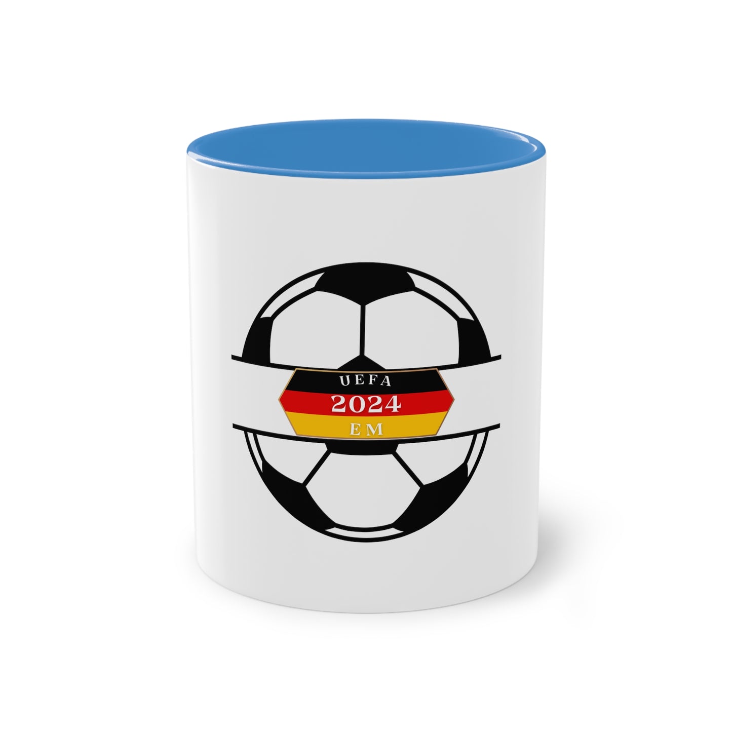 EURO Soccer 2024 in Germany, Deutschland EM-Souvenir auf Kaffeetassen, Teetassen bedruckt; weißer Außenbereich mit mehrfarbigem Innenbereich und Henkel, große; 11 Unzen