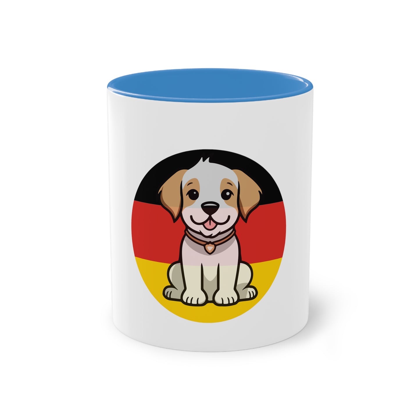 Deutschlands Bell-Brigade Puppy auf Kaffeetassen, Teetassen bedruckt; weißer Außenbereich mit mehrfarbigem Innenbereich und Henkel, große; 11 Unzen