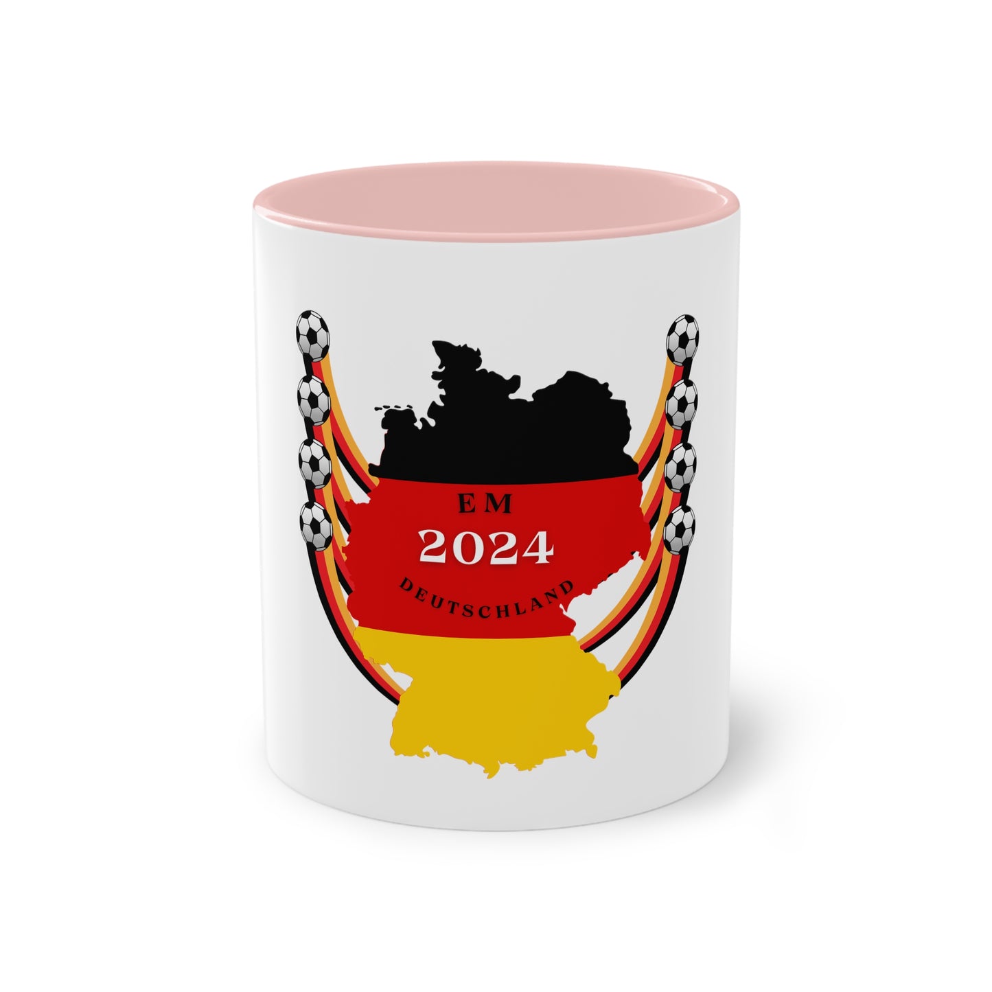 EURO 2024 in Germany, Deutschlandkarte EM-Souvenir auf Kaffeetassen, Teetassen bedruckt; weißer Außenbereich mit mehrfarbigem Innenbereich und Henkel, große; 11 Unzen