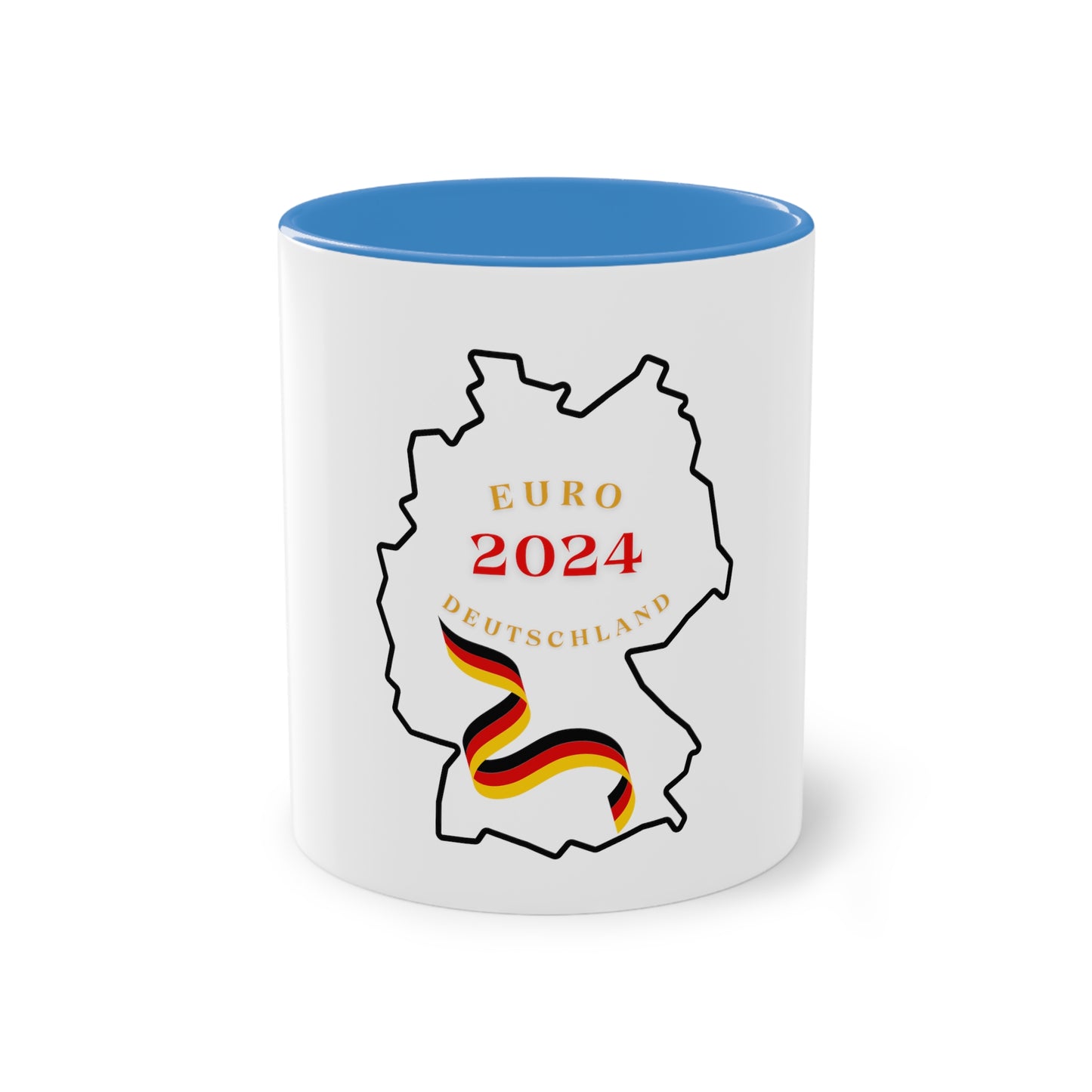 EURO 2024 in Germany, Deutschland EM-Souvenir auf Kaffeetassen, Teetassen bedruckt; weißer Außenbereich mit mehrfarbigem Innenbereich und Henkel, große; 11 Unzen