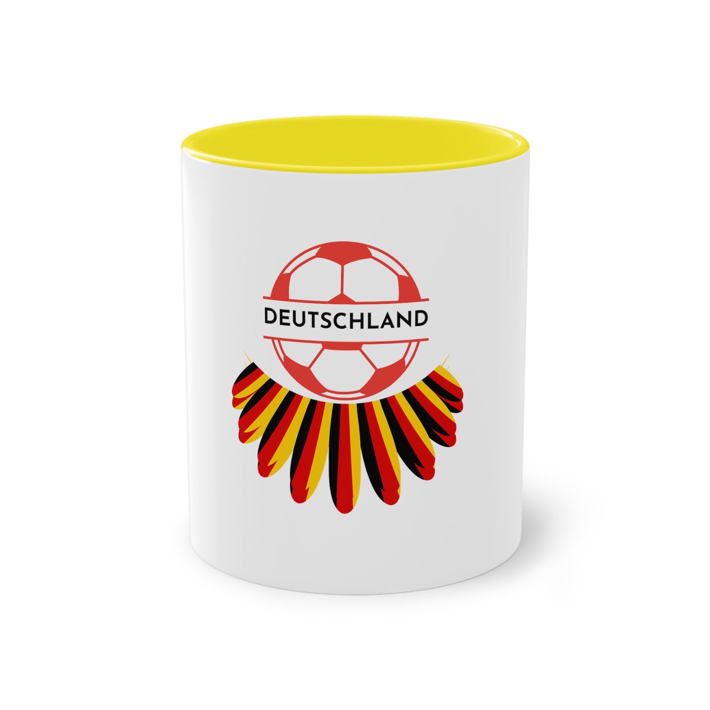 Deutschland Soccer auf Kaffeetassen, Teetassen bedruckt; weißer Außenbereich mit mehrfarbigem Innenbereich und Henkel, große; 11 Unzen