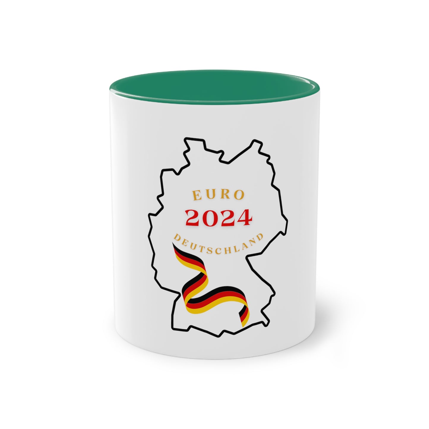 EURO 2024 in Germany, Deutschland EM-Souvenir auf Kaffeetassen, Teetassen bedruckt; weißer Außenbereich mit mehrfarbigem Innenbereich und Henkel, große; 11 Unzen