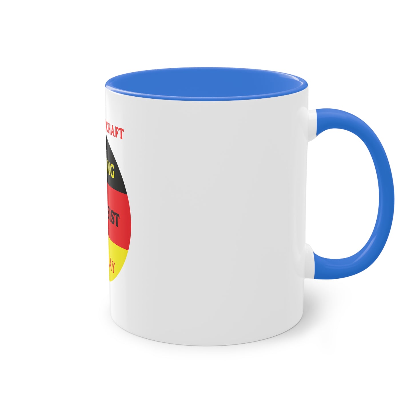Die Mannschaft: Leistung, Teamgeist, Fairplay - auf Kaffeetassen, Teetassen bedruckt; weißer Außenbereich mit mehrfarbigem Innenbereich und Henkel, große; 11 Unzen