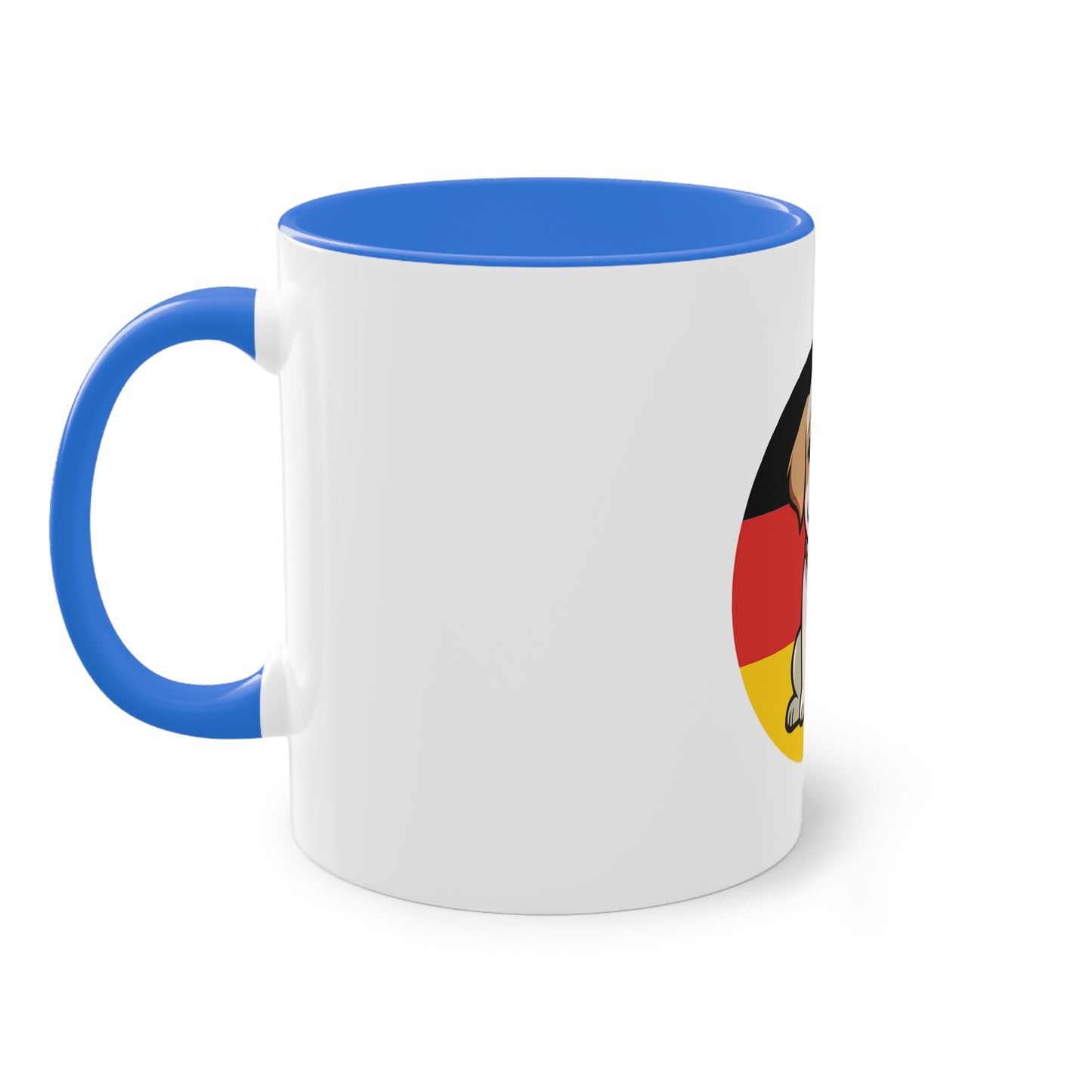 Deutschlands Bell-Brigade Puppy auf Kaffeetassen, Teetassen bedruckt; weißer Außenbereich mit mehrfarbigem Innenbereich und Henkel, große; 11 Unzen
