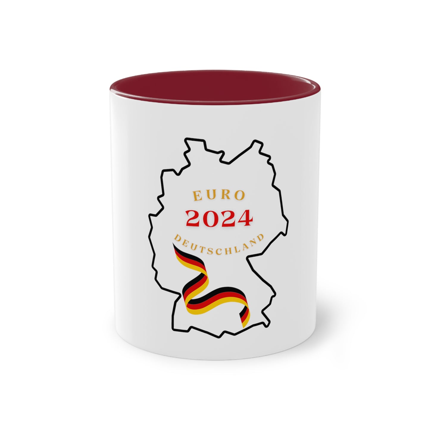 EURO 2024 in Germany, Deutschland EM-Souvenir auf Kaffeetassen, Teetassen bedruckt; weißer Außenbereich mit mehrfarbigem Innenbereich und Henkel, große; 11 Unzen