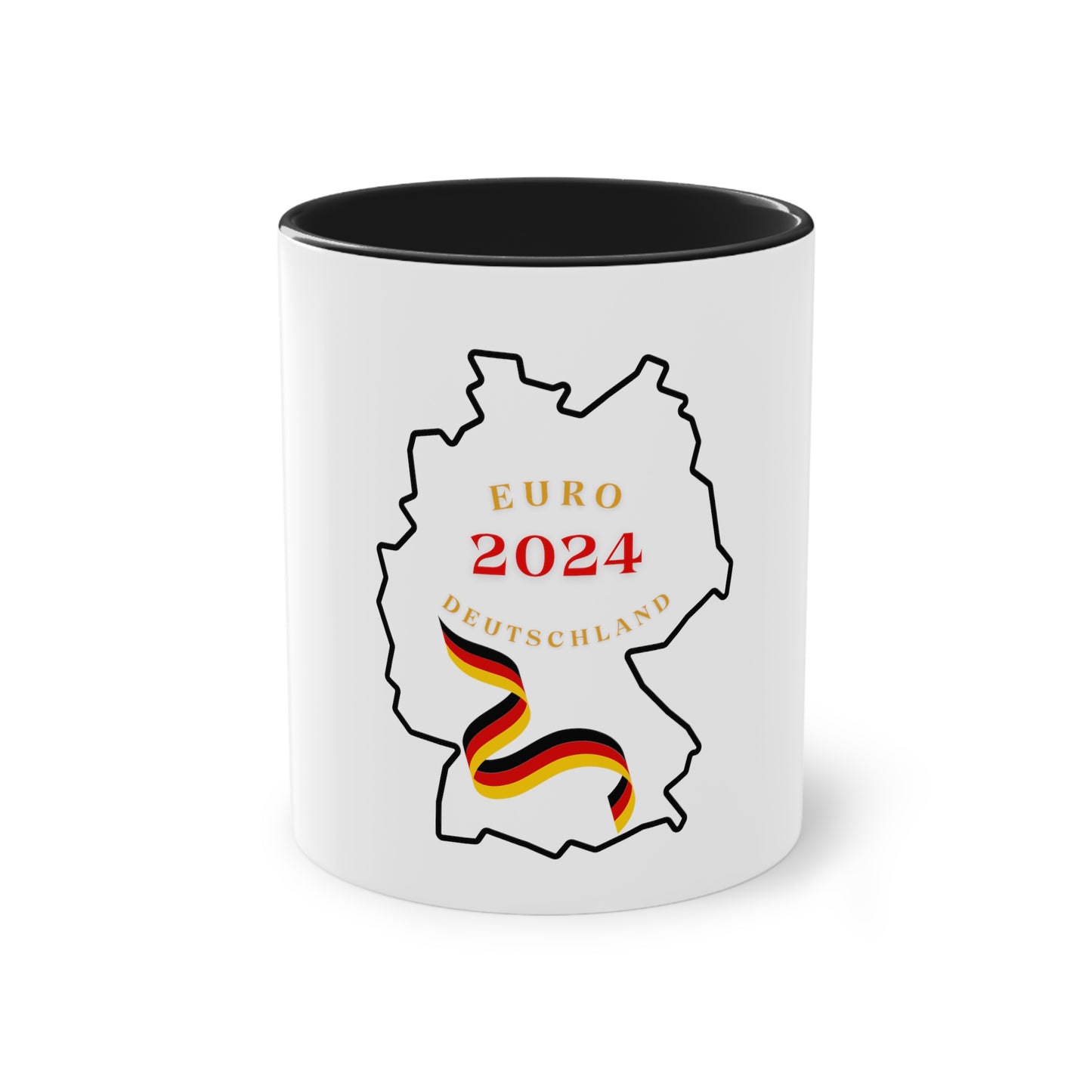 EURO 2024 in Germany, Deutschland EM-Souvenir auf Kaffeetassen, Teetassen bedruckt; weißer Außenbereich mit mehrfarbigem Innenbereich und Henkel, große; 11 Unzen