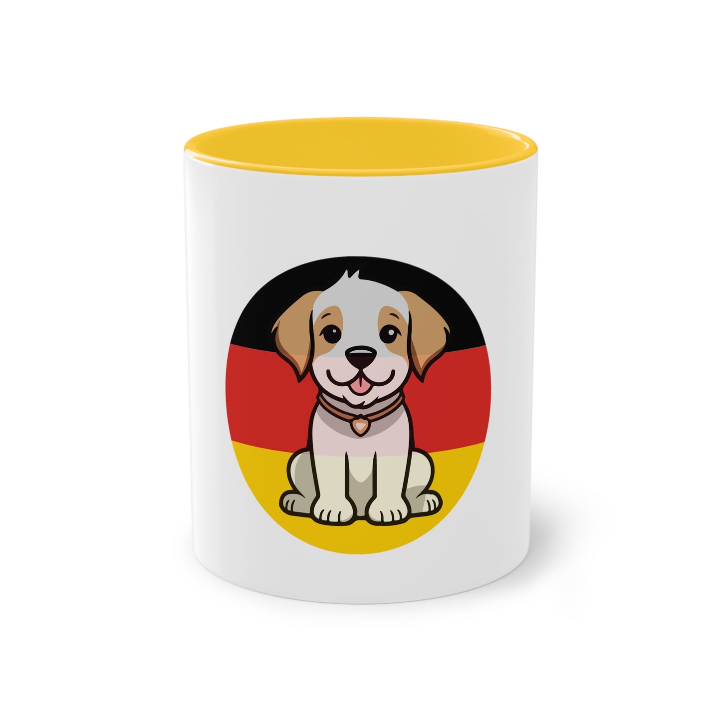 Deutschlands Bell-Brigade Puppy auf Kaffeetassen, Teetassen bedruckt; weißer Außenbereich mit mehrfarbigem Innenbereich und Henkel, große; 11 Unzen