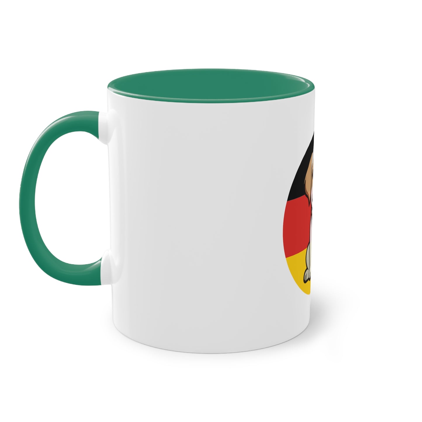 Deutschlands Bell-Brigade Puppy auf Kaffeetassen, Teetassen bedruckt; weißer Außenbereich mit mehrfarbigem Innenbereich und Henkel, große; 11 Unzen