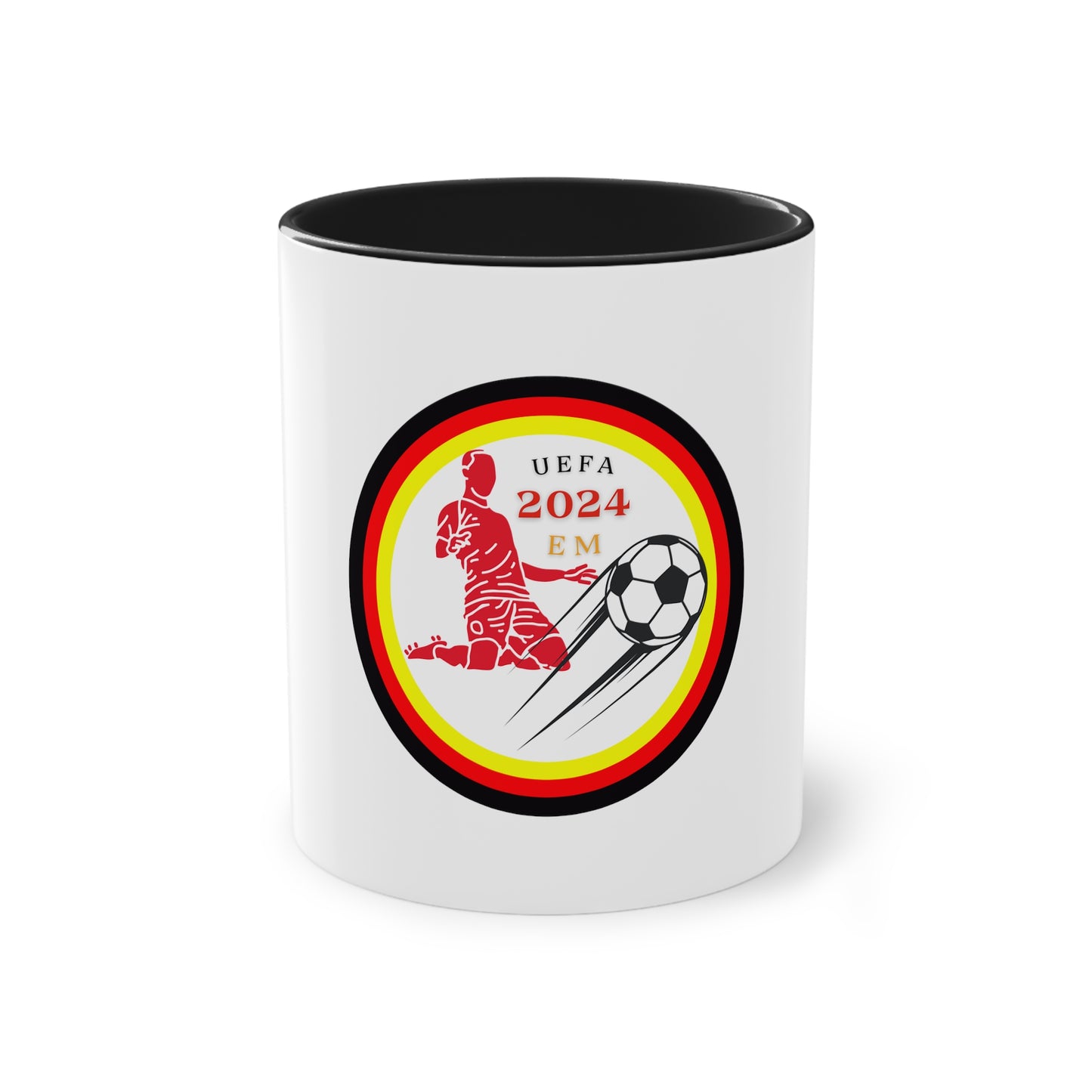 EURO Soccer 2024 in Germany, Deutschland EM-Souvenir auf Kaffeetassen, Teetassen bedruckt; weißer Außenbereich mit mehrfarbigem Innenbereich und Henkel, große; 11 Unzen