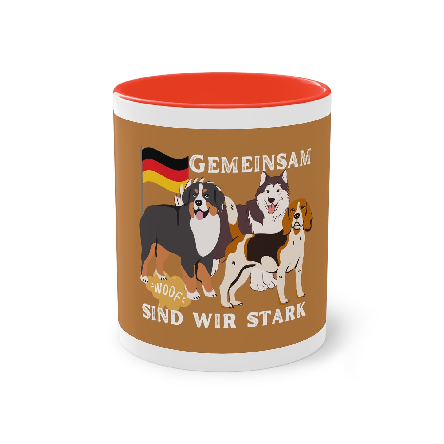 Hundemannschaft für Deutschland auf Kaffeetassen bedruckt; weißer Außenbereich mit mehrfarbigem Innenbereich und Henkel, große; 11 Unzen