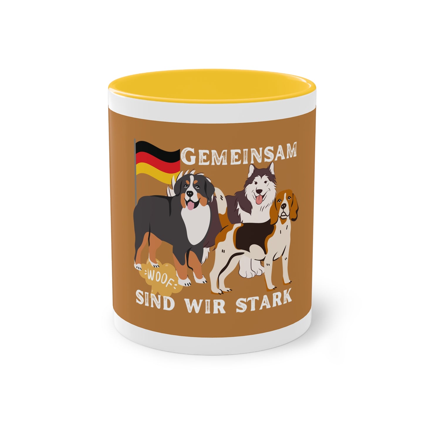 Hundemannschaft für Deutschland auf Kaffeetassen bedruckt; weißer Außenbereich mit mehrfarbigem Innenbereich und Henkel, große; 11 Unzen