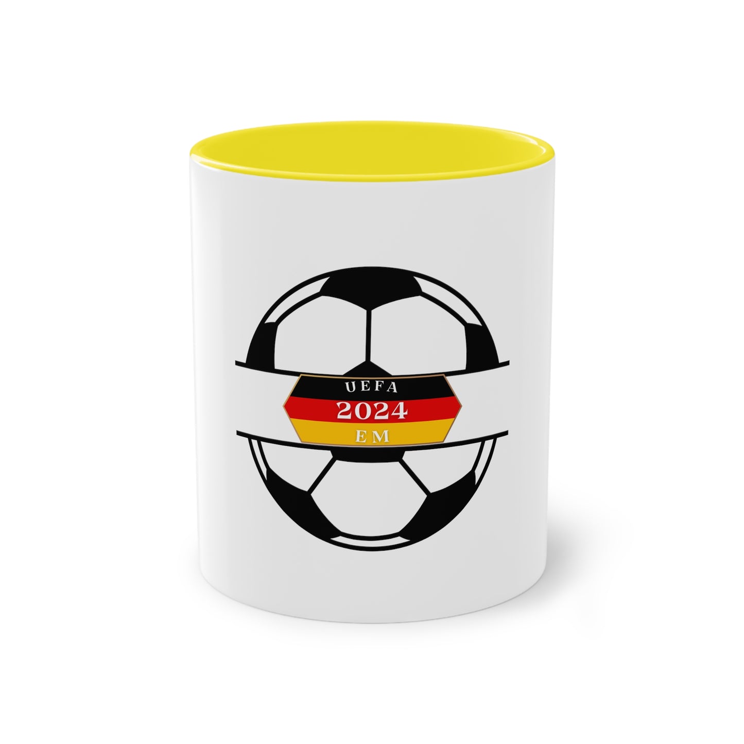 EURO Soccer 2024 in Germany, Deutschland EM-Souvenir auf Kaffeetassen, Teetassen bedruckt; weißer Außenbereich mit mehrfarbigem Innenbereich und Henkel, große; 11 Unzen