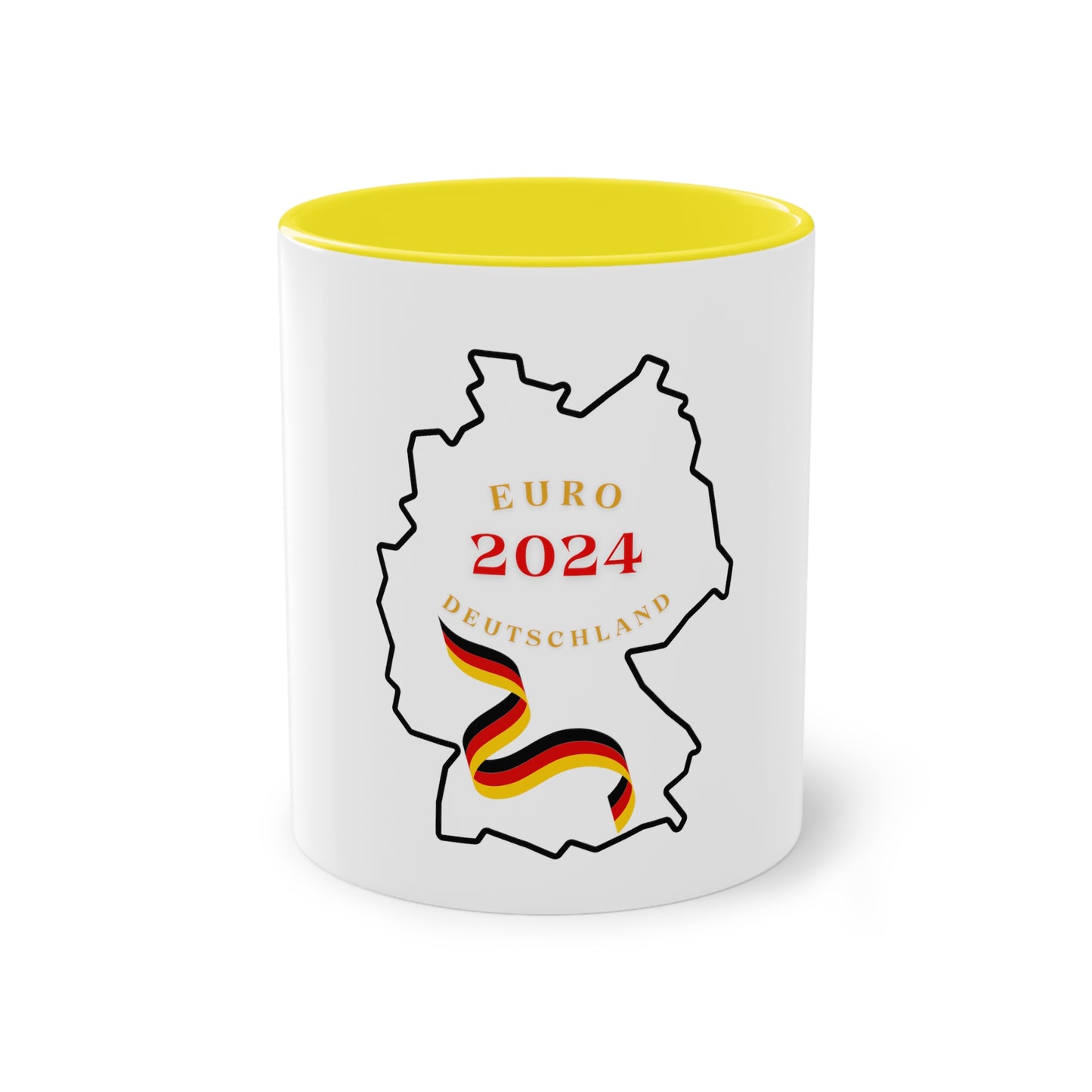 EURO 2024 in Germany, Deutschland EM-Souvenir auf Kaffeetassen, Teetassen bedruckt; weißer Außenbereich mit mehrfarbigem Innenbereich und Henkel, große; 11 Unzen