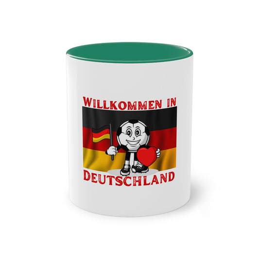Willkommen in Deutschland - Stolz auf Deutschland - auf Kaffeetassen, Teetassen bedruckt; weißer Außenbereich mit mehrfarbigem Innenbereich und Henkel, große; 11 Unzen