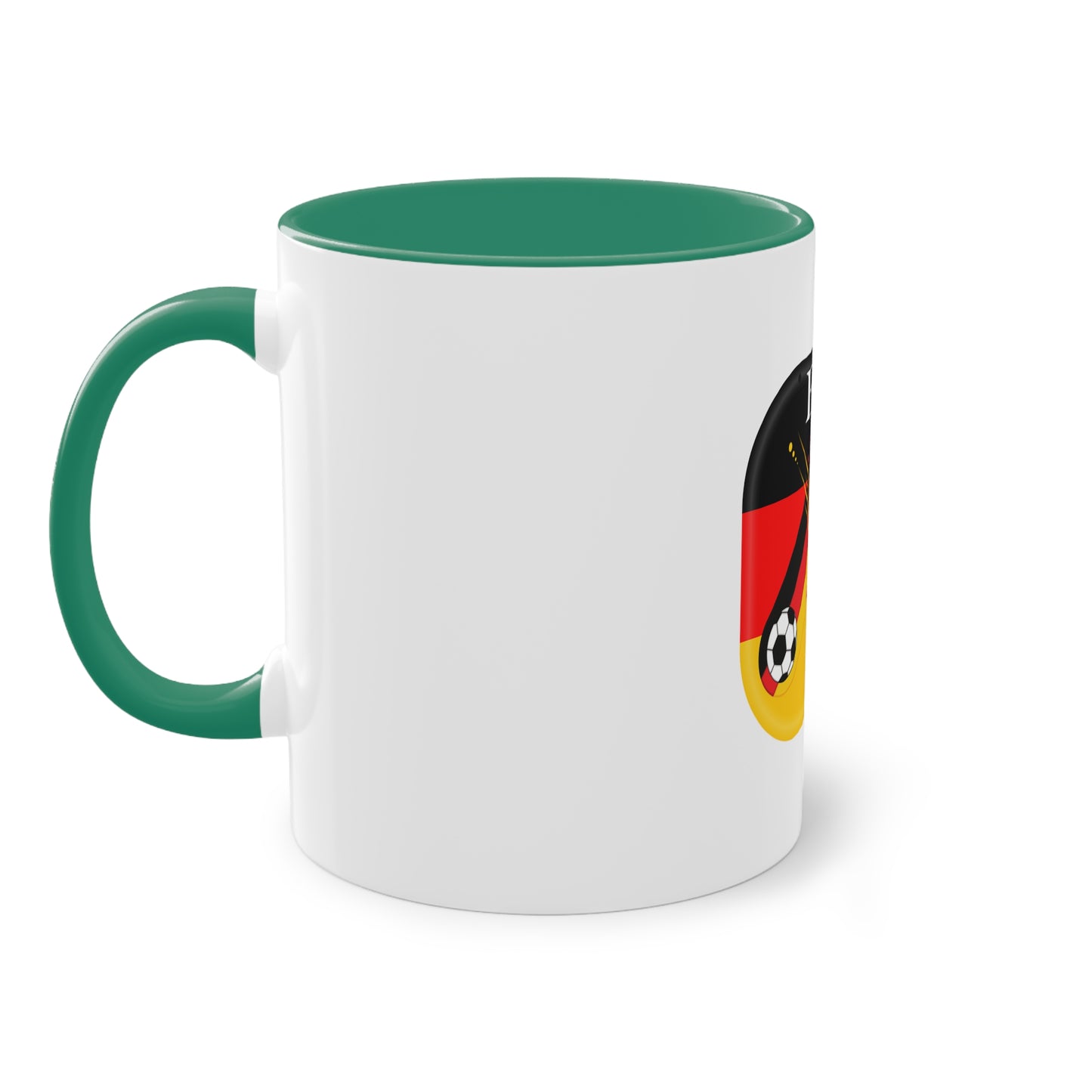 EURO 2024 in Germany, Deutschland EM-Souvenir auf Kaffeetassen, Teetassen bedruckt; weißer Außenbereich mit mehrfarbigem Innenbereich und Henkel, große; 11 Unzen