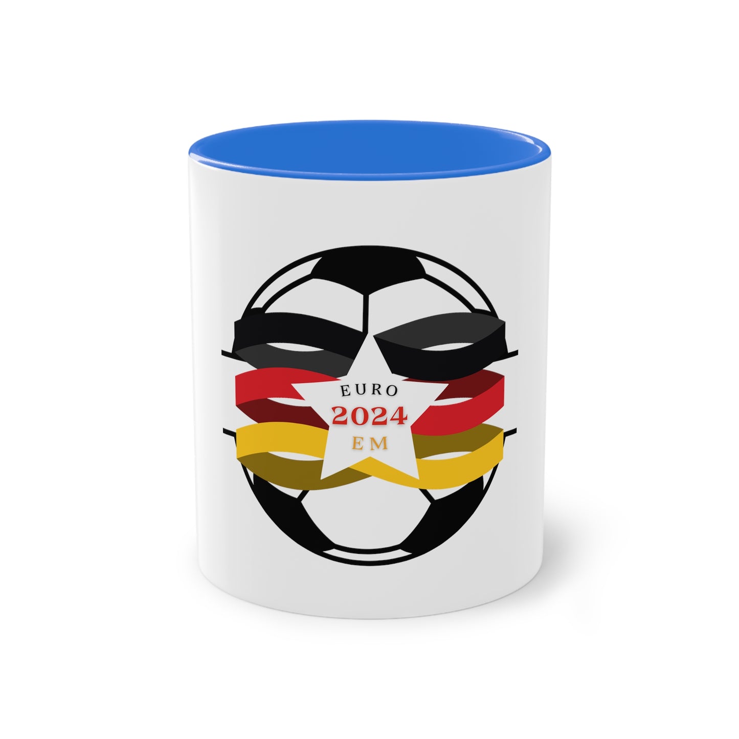 EURO 2024 in Germany, Deutschland EM-Souvenir auf Kaffeetassen, Teetassen bedruckt; weißer Außenbereich mit mehrfarbigem Innenbereich und Henkel, große; 11 Unzen