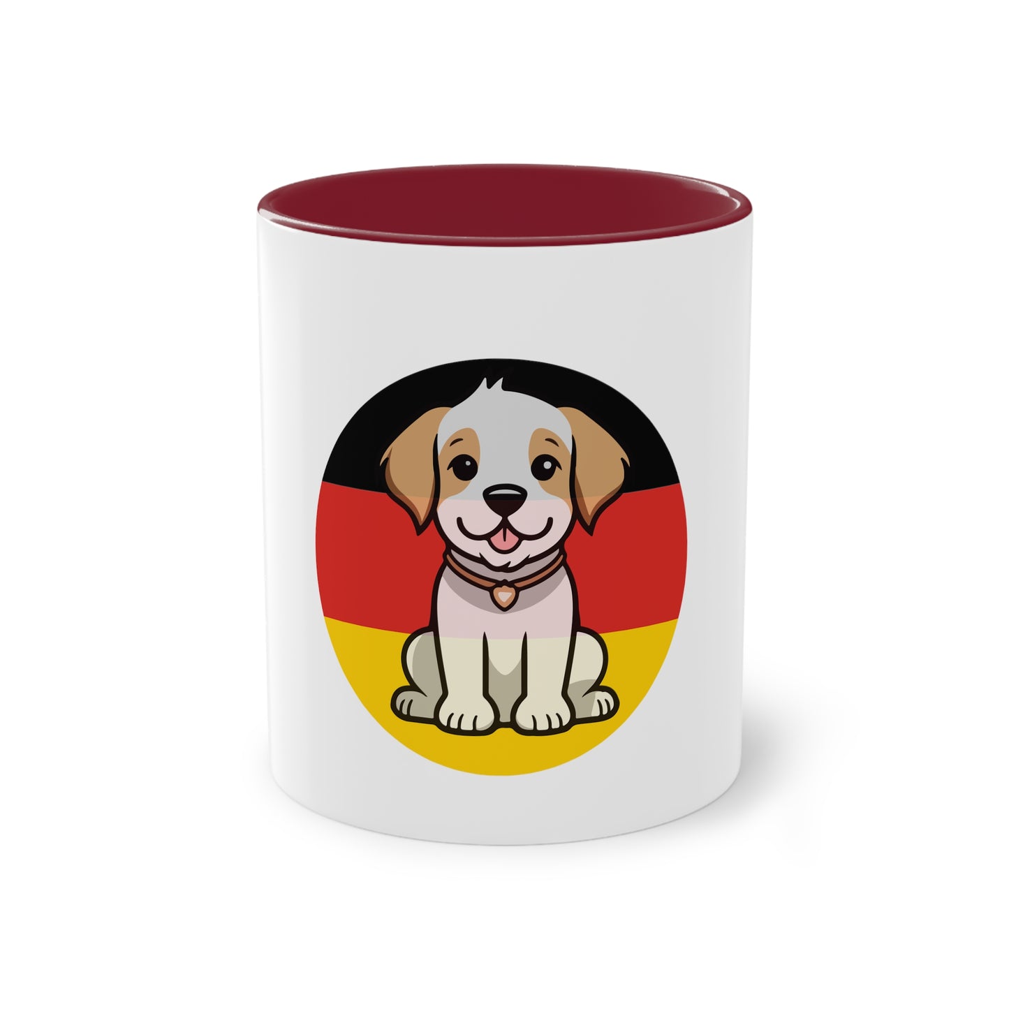 Deutschlands Bell-Brigade Puppy auf Kaffeetassen, Teetassen bedruckt; weißer Außenbereich mit mehrfarbigem Innenbereich und Henkel, große; 11 Unzen