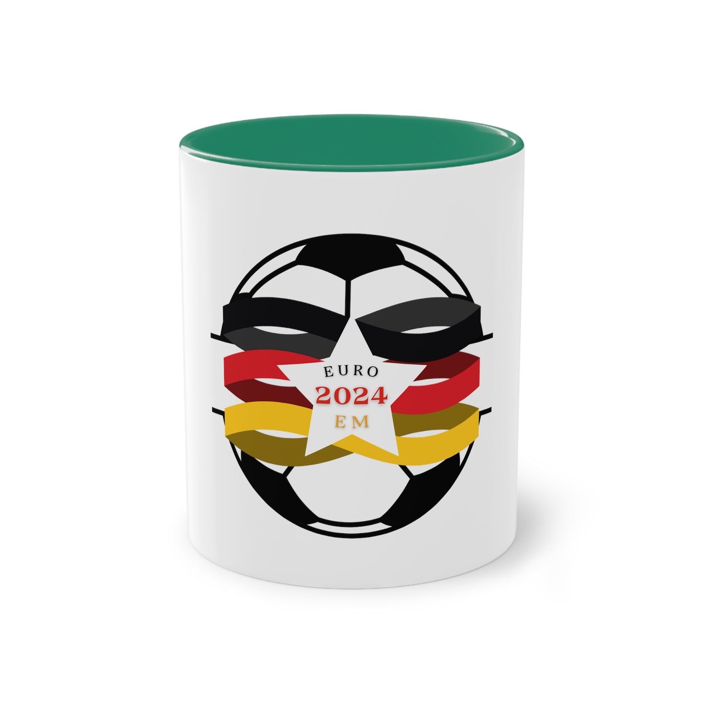 EURO 2024 in Germany, Deutschland EM-Souvenir auf Kaffeetassen, Teetassen bedruckt; weißer Außenbereich mit mehrfarbigem Innenbereich und Henkel, große; 11 Unzen