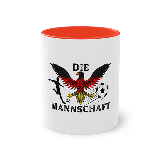 Die Mannschaft auf Kaffeetassen, Teetassen bedruckt; weißer Außenbereich mit mehrfarbigem Innenbereich und Henkel, große; 11 Unzen.