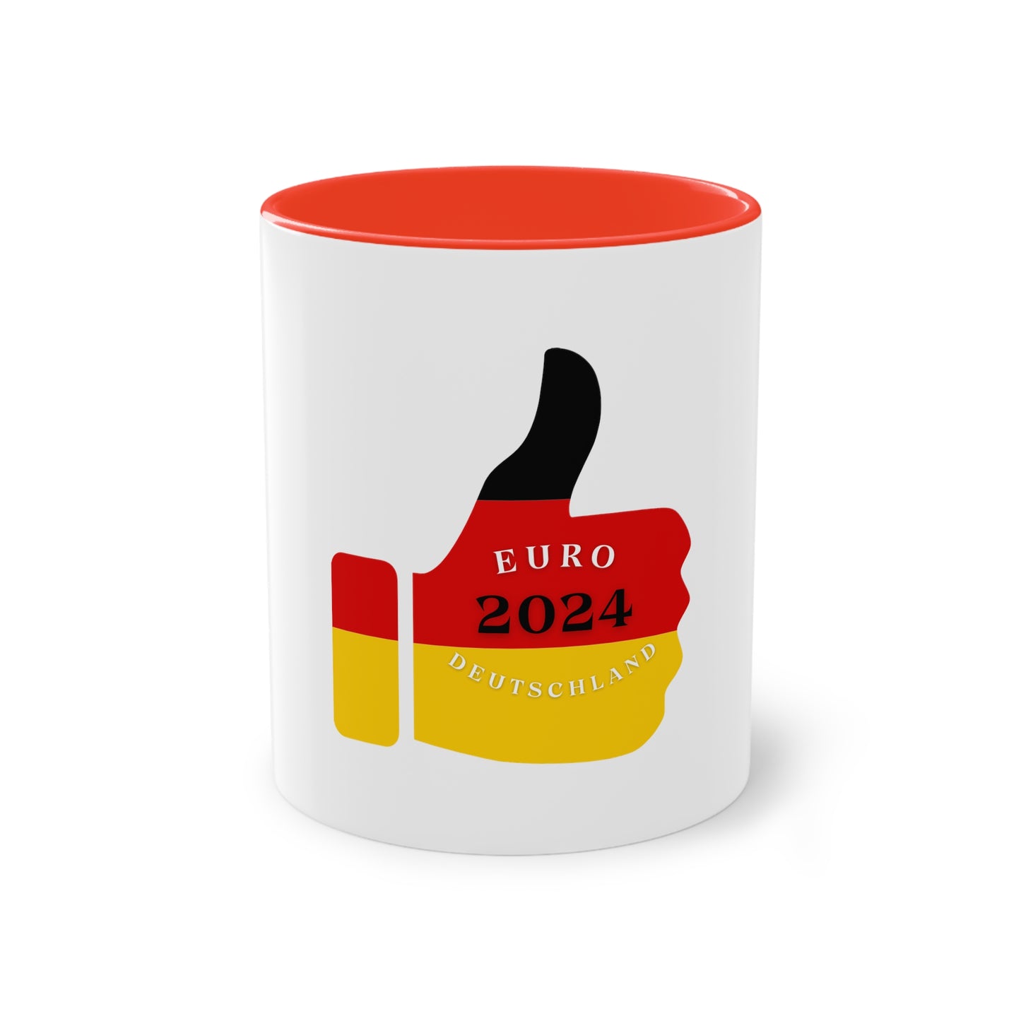 Sehr gut für EURO 2024 in Germany, Deutschland EM-Souvenir auf Kaffeetassen, Teetassen bedruckt; weißer Außenbereich mit mehrfarbigem Innenbereich und Henkel, große; 11 Unzen