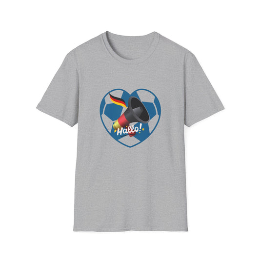 Hallo Deutschland, Unisex T-Shirt mit lautem Frieden und Liebe für Fußball, Welcome to German Football success, I Love Germany