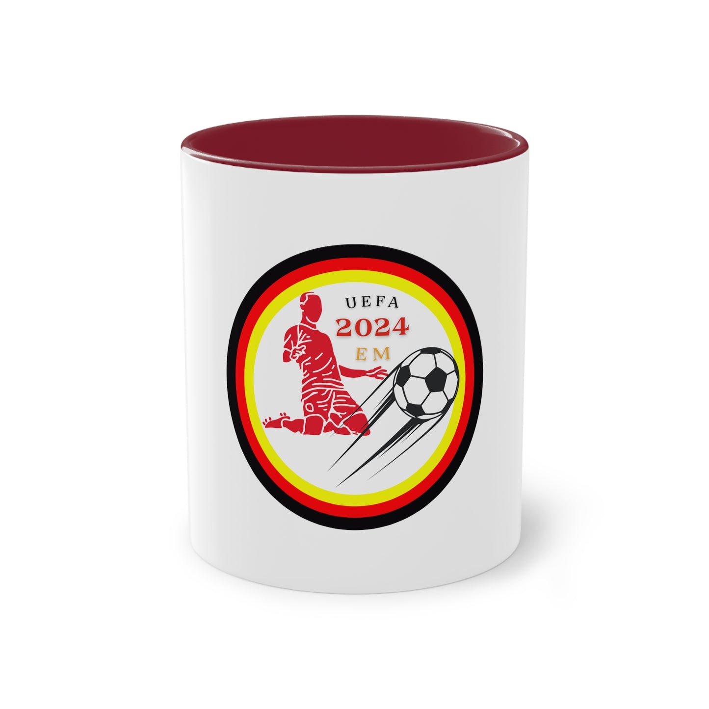 EURO Soccer 2024 in Germany, Deutschland EM-Souvenir auf Kaffeetassen, Teetassen bedruckt; weißer Außenbereich mit mehrfarbigem Innenbereich und Henkel, große; 11 Unzen