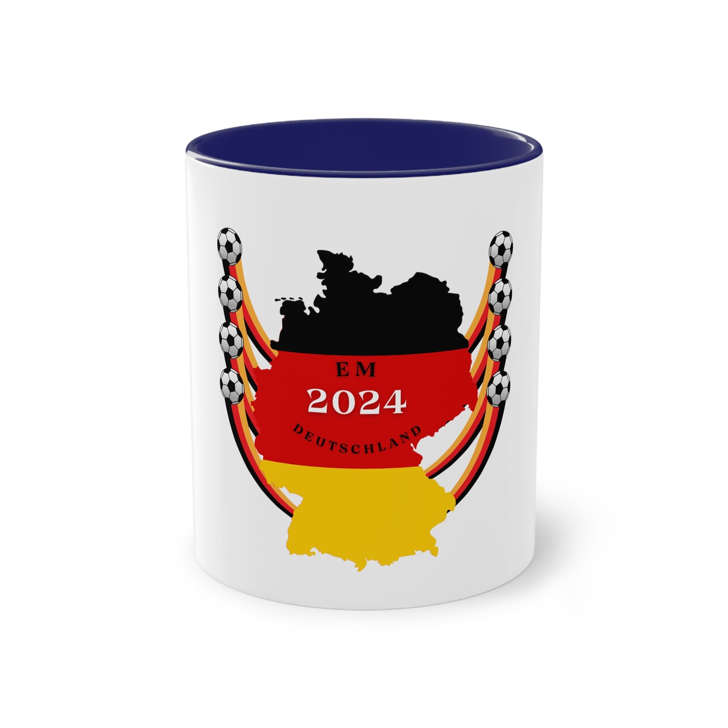 EURO 2024 in Germany, Deutschlandkarte EM-Souvenir auf Kaffeetassen, Teetassen bedruckt; weißer Außenbereich mit mehrfarbigem Innenbereich und Henkel, große; 11 Unzen