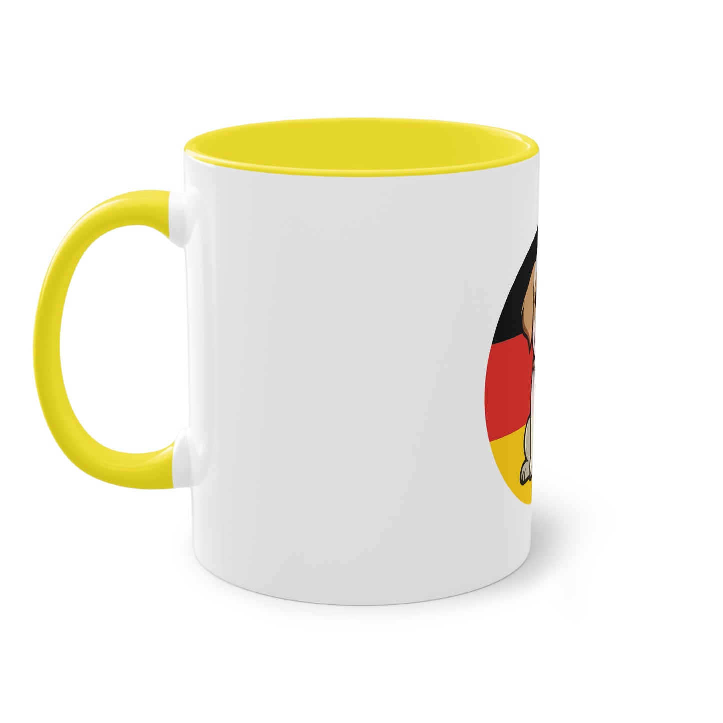 Deutschlands Bell-Brigade Puppy auf Kaffeetassen, Teetassen bedruckt; weißer Außenbereich mit mehrfarbigem Innenbereich und Henkel, große; 11 Unzen