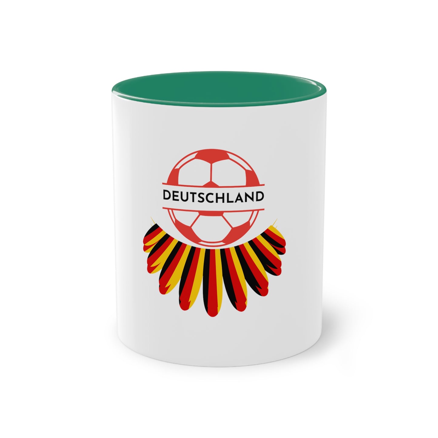 Deutschland Soccer auf Kaffeetassen, Teetassen bedruckt; weißer Außenbereich mit mehrfarbigem Innenbereich und Henkel, große; 11 Unzen