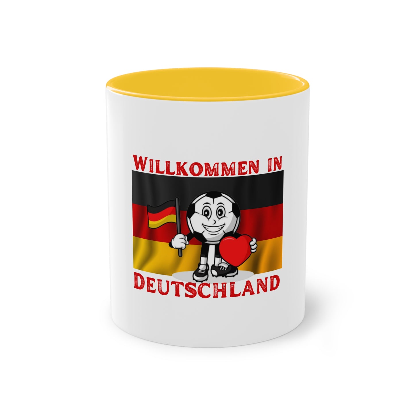 Willkommen in Deutschland - Stolz auf Deutschland - auf Kaffeetassen, Teetassen bedruckt; weißer Außenbereich mit mehrfarbigem Innenbereich und Henkel, große; 11 Unzen