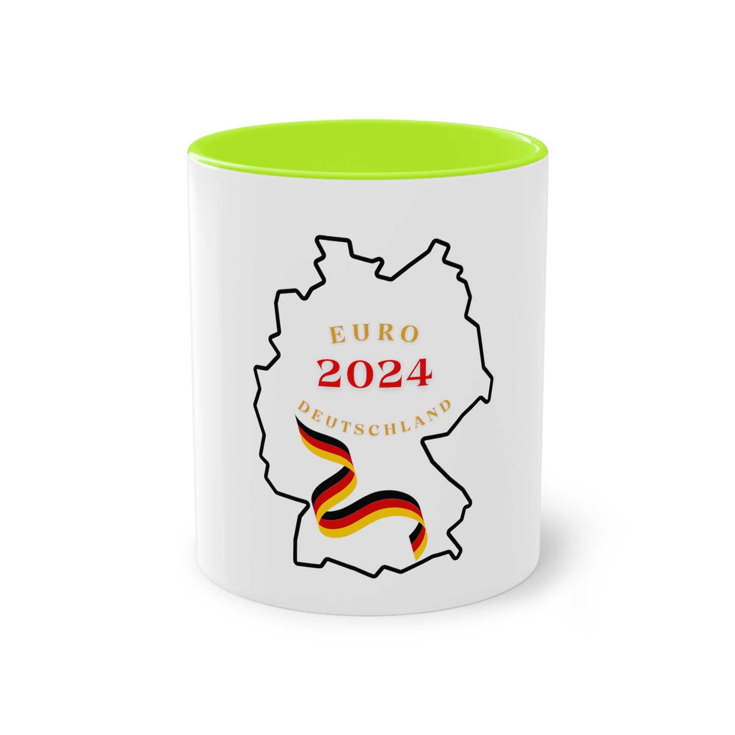 EURO 2024 in Germany, Deutschland EM-Souvenir auf Kaffeetassen, Teetassen bedruckt; weißer Außenbereich mit mehrfarbigem Innenbereich und Henkel, große; 11 Unzen