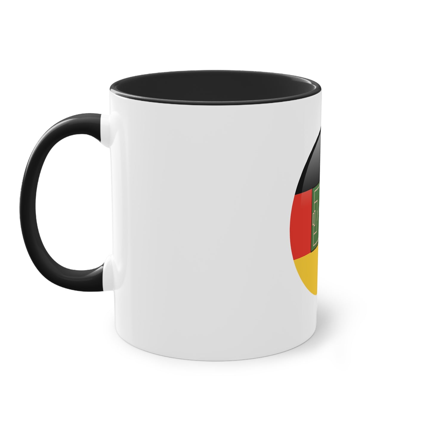 Top Qualität deutsches Soccer  - auf Kaffeetassen, Teetassen bedruckt; weißer Außenbereich mit mehrfarbigem Innenbereich und Henkel, große; 11 Unzen